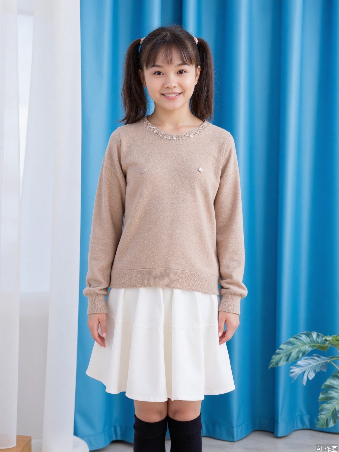 The image shows a 10yo Asian girl standing in front of a blue curtain. She is wearing a light brown, fuzzy sweater with white pearl-like decorations and a white pleated skirt. Her hair is styled in two ponytails, and she is wearing black knee-high socks. The background consists of a blue curtain with white sheer fabric draped over it, and there is a white curtain on the left side of the image. The overall setting appears to be indoors, possibly in a room with a playful or casual atmosphere.