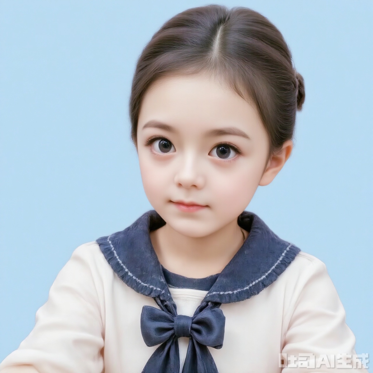 The image shows a young woman with a clear complexion, wearing a white sailor-style outfit with a dark blue collar and bow. Her hair is neatly pulled back into a bun, and she has a calm, neutral expression. The background is a solid blue color, providing a clean and simple backdrop that highlights the subject.
