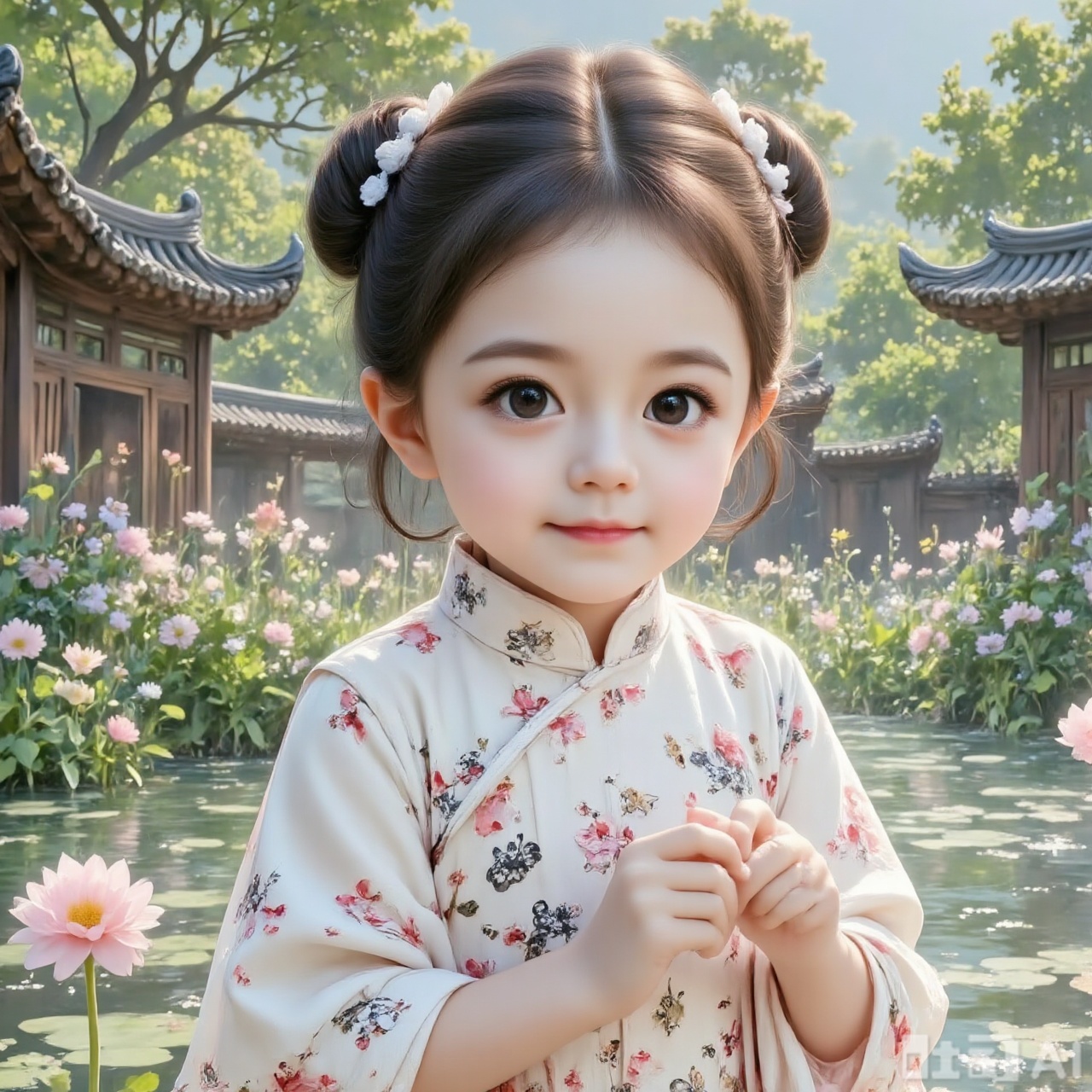 Character: Little girl wearing traditional Chinese cheongsam, with a pair of buns, pink and white silk, a light white satin cheongsam with crimson piping, hand-painted flower and bird patterns, dignified and innocent and restrained Scene: Classical garden scene, with blue ponds and green plants behind it, and Chinese-style eaves pavilions appearing in the distance, creating an atmosphere of "small garden scenery in Jiangnan" Light and shadow: Simulate the soft sky light in late spring, the sunlight sprinkles lightly from the top of the side, and the cheongsam satin is coated with a warm luster. The outline of the character and the garden green plants form a layered sense of "soft gauze". The reflection on the water surface is moderately softened to avoid stiffness. Atmosphere: Integrate the texture of Chinese style fine brushwork, the color focuses on "green tone + light pink embellishment", and use the FLUX "National Style Artistic Concept - Children's Fun and Elegant Rhyme" model to enhance the ancient and freshness of the picture, allowing characters and garden scenes to be like "innocent fragments coming out of ancient paintings" Details: 8K ultra-realistic portrayal - the stitch texture of cheongsam flower and bird embroidery, the soft texture of silk flower petals, the thin shadow of golden silk illuminated by sunlight, the pond ripples are retained with "low-intensity dynamic blur", highlighting the static elegance but vitality
