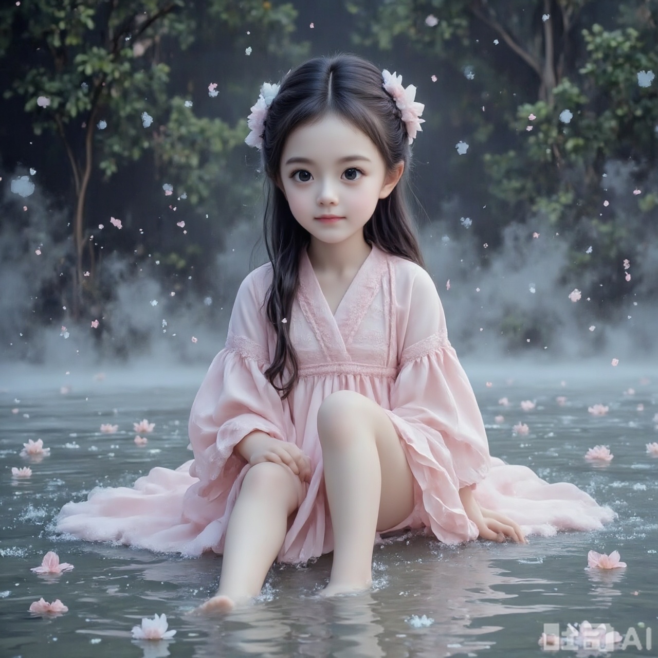 This is a high-resolution photo of a young East Asian woman taken in a mysterious and ethereal environment. A woman was surrounded by fog and extraordinary atmosphere in the water. He has black hair and a few braids on his face. He is wearing an elegant light pink robe with his legs, barefoot, with a hint of pink and white. Because of the water, the robe sticks to her. Her figure is slightly full, and her expression is delicate and considerate. Part of it is submerged in water, and the water has a misty quality, which gives the scene a dreamy quality. The background is a dark and hazy scenery. The overall atmosphere is mysterious and quiet, with a touch of extraordinary beauty.,,sitting
