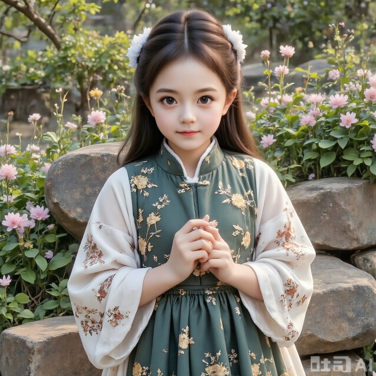 A scene in a Suzhou Garden, focusing on a lady in traditional Hanfu. She stands with her long black hair flowing gently, wearing an open cross-collared jacket embroidered with golden satin and a dark green horse-faced skirt with bamboo patterns. Her gentle expression is framed by soft light and shadow, reminiscent of a spring afternoon. The background features blooming mountain tea beside a rockery, creating a warm and elegant atmosphere that highlights the oriental subtle style.