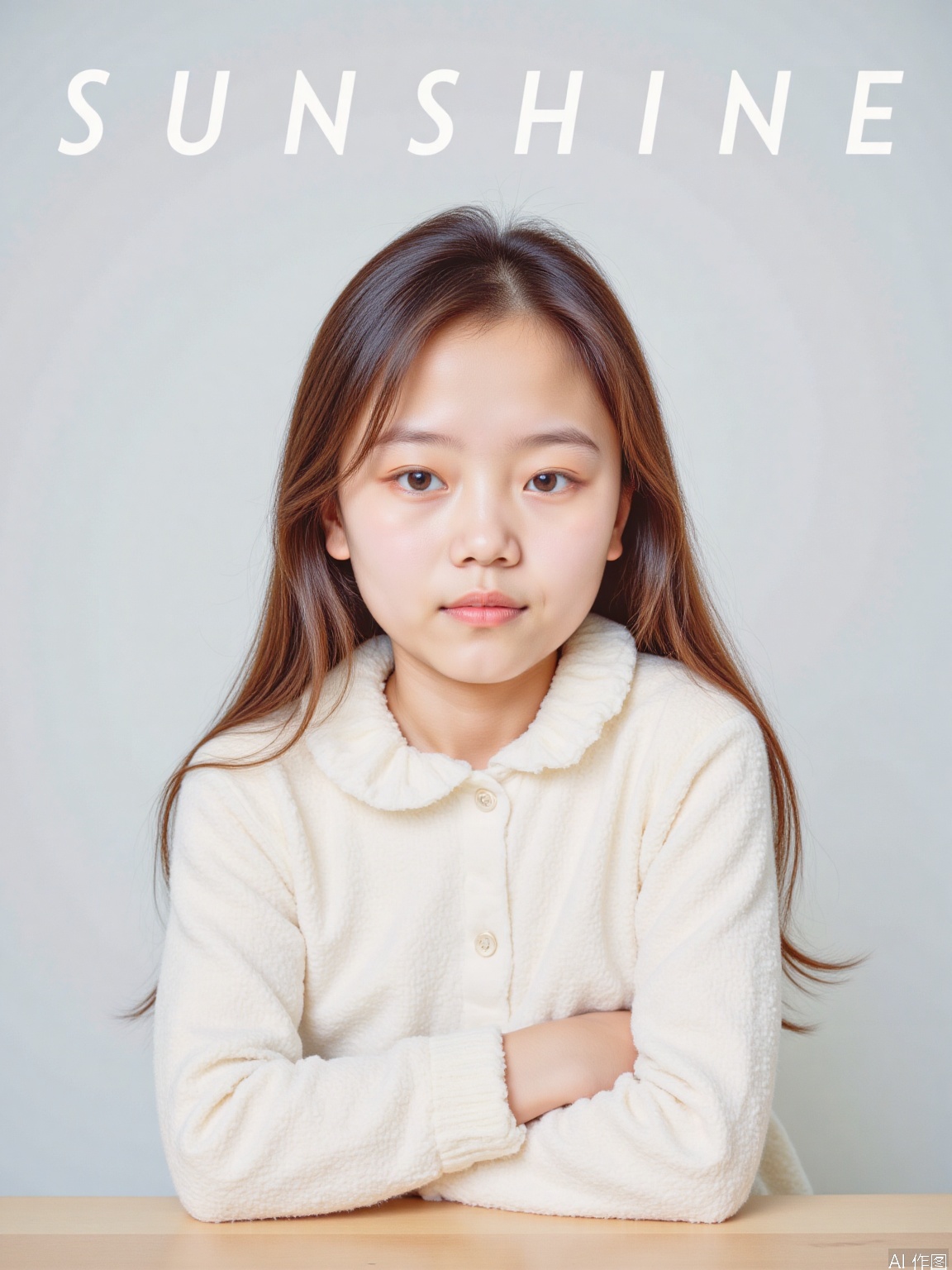The image shows a young girl with long, wavy brown hair wearing a white, fluffy sweater. She is sitting against a light-colored background, and her arms are crossed in front of her. Above her, there is text that reads "SUNSHINE" in bold white letters, followed by "back childhood" in smaller white letters. The overall setting appears to be a studio with a clean and minimalistic design.
