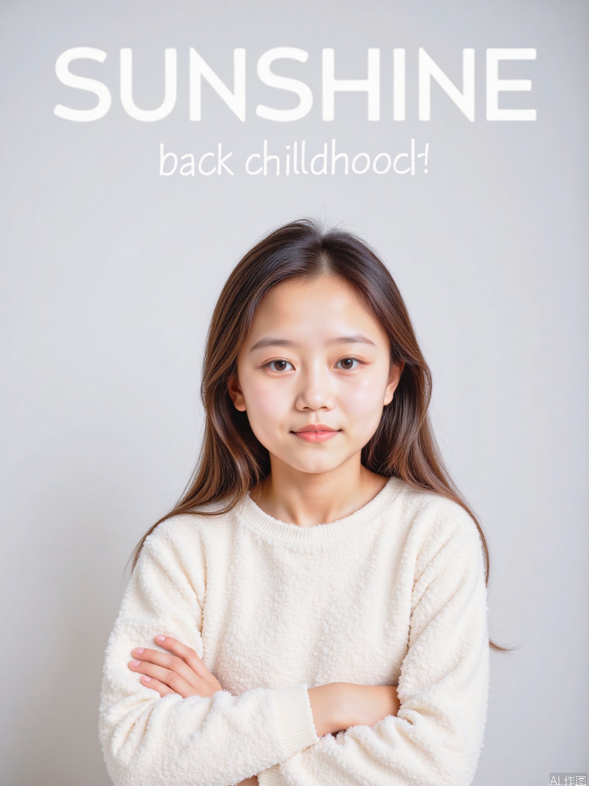 The image shows a young girl with long, wavy brown hair wearing a white, fluffy sweater. She is sitting against a light-colored background, and her arms are crossed in front of her. Above her, there is text that reads "SUNSHINE" in bold white letters, followed by "back childhood" in smaller white letters. The overall setting appears to be a studio with a clean and minimalistic design.
