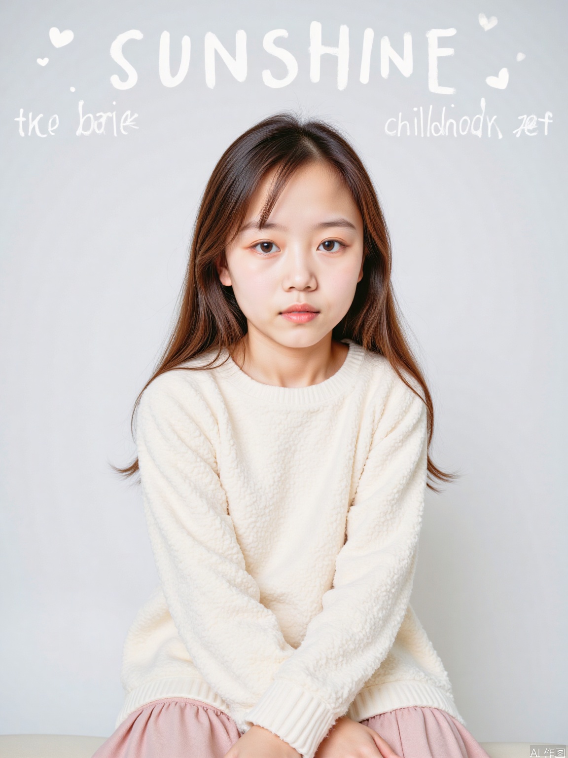 The image shows a young girl with long, wavy brown hair wearing a white, fluffy sweater. She is sitting against a light-colored background, and her arms are crossed in front of her. Above her, there is text that reads "SUNSHINE" in bold white letters, followed by "back childhood" in smaller white letters. The overall setting appears to be a studio with a clean and minimalistic design.
