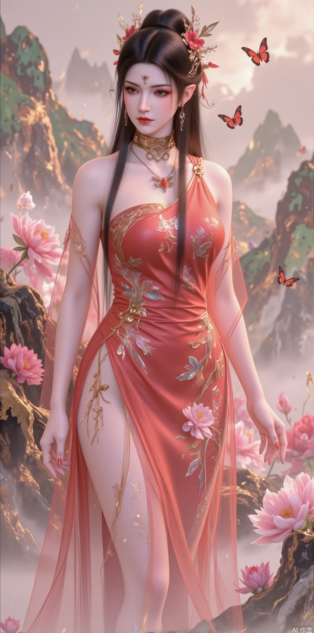 An ancient fairy with black hair lightly held by a camellia blossom hairpin, with red butterflies fluttering in her hair, adding passion and liveliness. She wears a fiery red gauze dress embroidered with blooming camellias and wildflowers, paired with elegant red high heels, showcasing the passion and vitality of spring. Standing on a spring mountain peak, overlooking distant花海and green mountains, with butterflies fluttering around her skirt, as if sharing the grandeur and beauty of spring. Her expression is gentle and lively, her eyes filled with ethereal charm, as if she were the guardian of the spring mountain peak.

The background is distant花海and rolling green mountains, creating a sense of grandeur and dreaminess.

