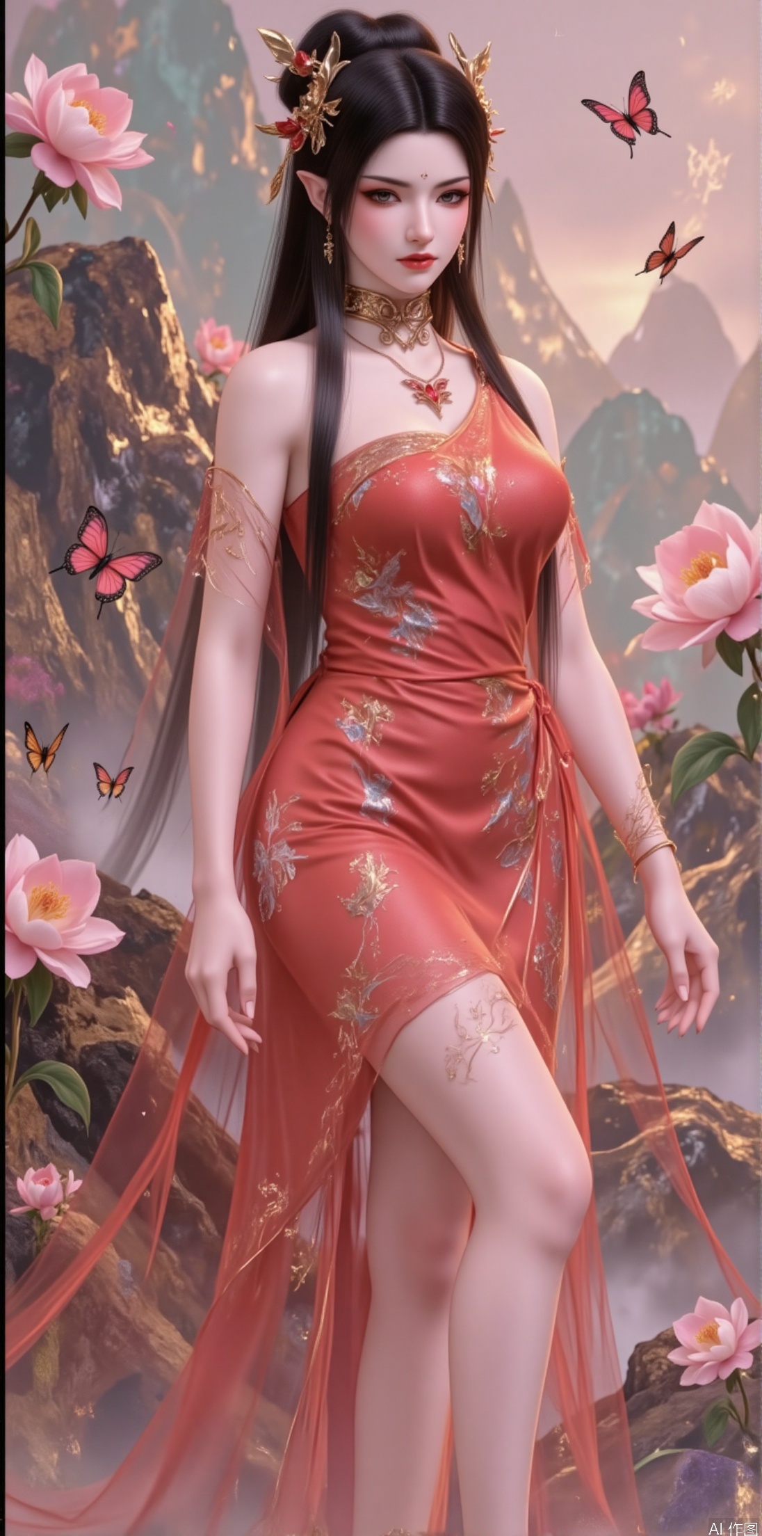 An ancient fairy with black hair lightly held by a camellia blossom hairpin, with red butterflies fluttering in her hair, adding passion and liveliness. She wears a fiery red gauze dress embroidered with blooming camellias and wildflowers, paired with elegant red high heels, showcasing the passion and vitality of spring. Standing on a spring mountain peak, overlooking distant花海and green mountains, with butterflies fluttering around her skirt, as if sharing the grandeur and beauty of spring. Her expression is gentle and lively, her eyes filled with ethereal charm, as if she were the guardian of the spring mountain peak.

The background is distant花海and rolling green mountains, creating a sense of grandeur and dreaminess.

