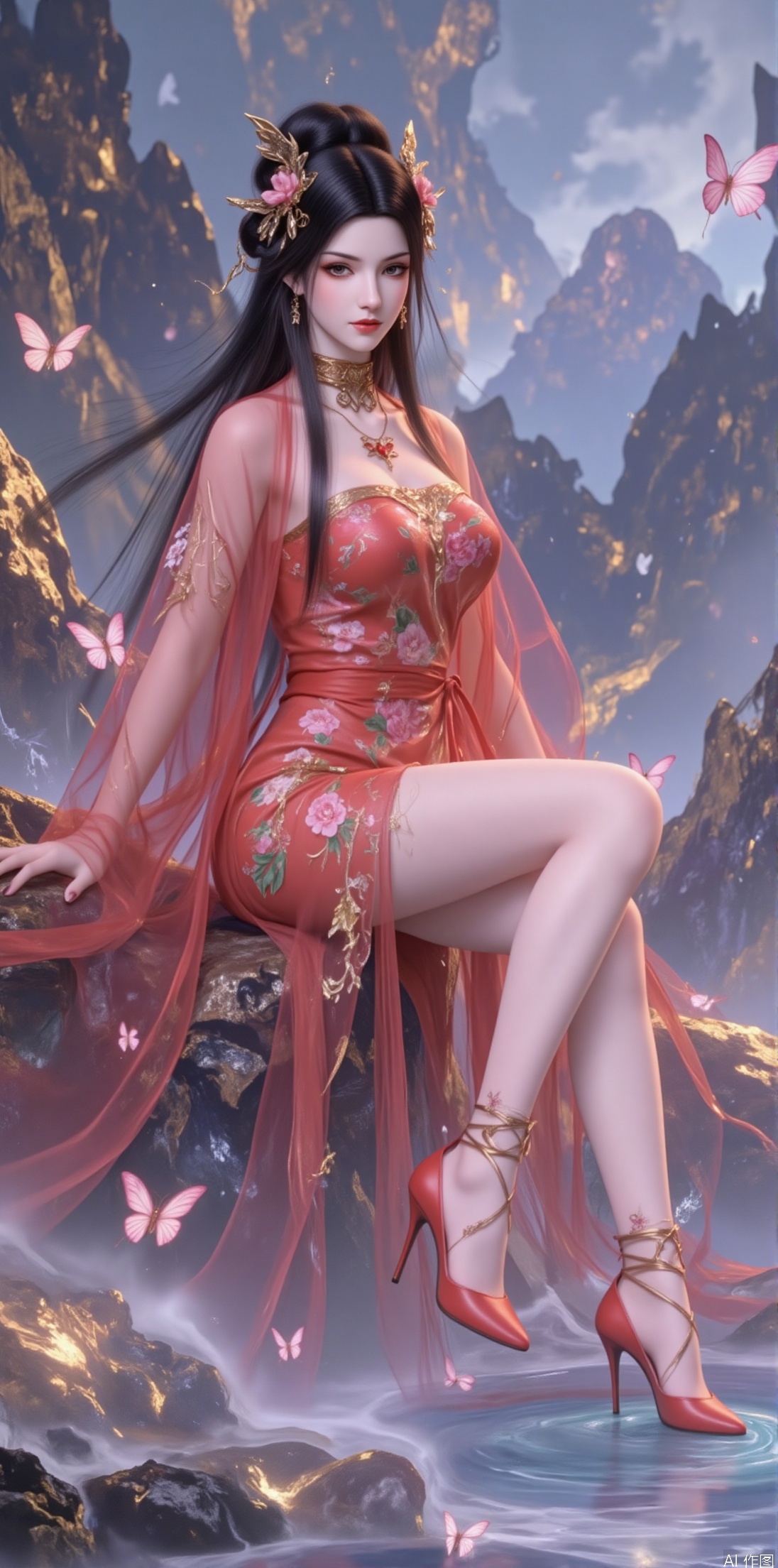 An ancient fairy with black hair flowing in the wind, adorned with an apricot blossom hairpin, with pink butterflies fluttering in her hair, adding softness and liveliness. She wears a fiery red gauze dress embroidered with blooming apricot blossoms and tender green willow leaves, paired with exquisite red high heels, showcasing the softness and lightness of spring. Sitting on a rock by the springtime lakeside, her toes gently touching the water, creating ripples, with butterflies fluttering around her skirt, as if sharing the tranquility and beauty of spring. Her expression is gentle and serene, her eyes filled with a faint smile, as if savoring the poetic moments of spring.

The background is a lake reflecting the blue sky and distant green mountains, creating a sense of tranquility and dreaminess.

