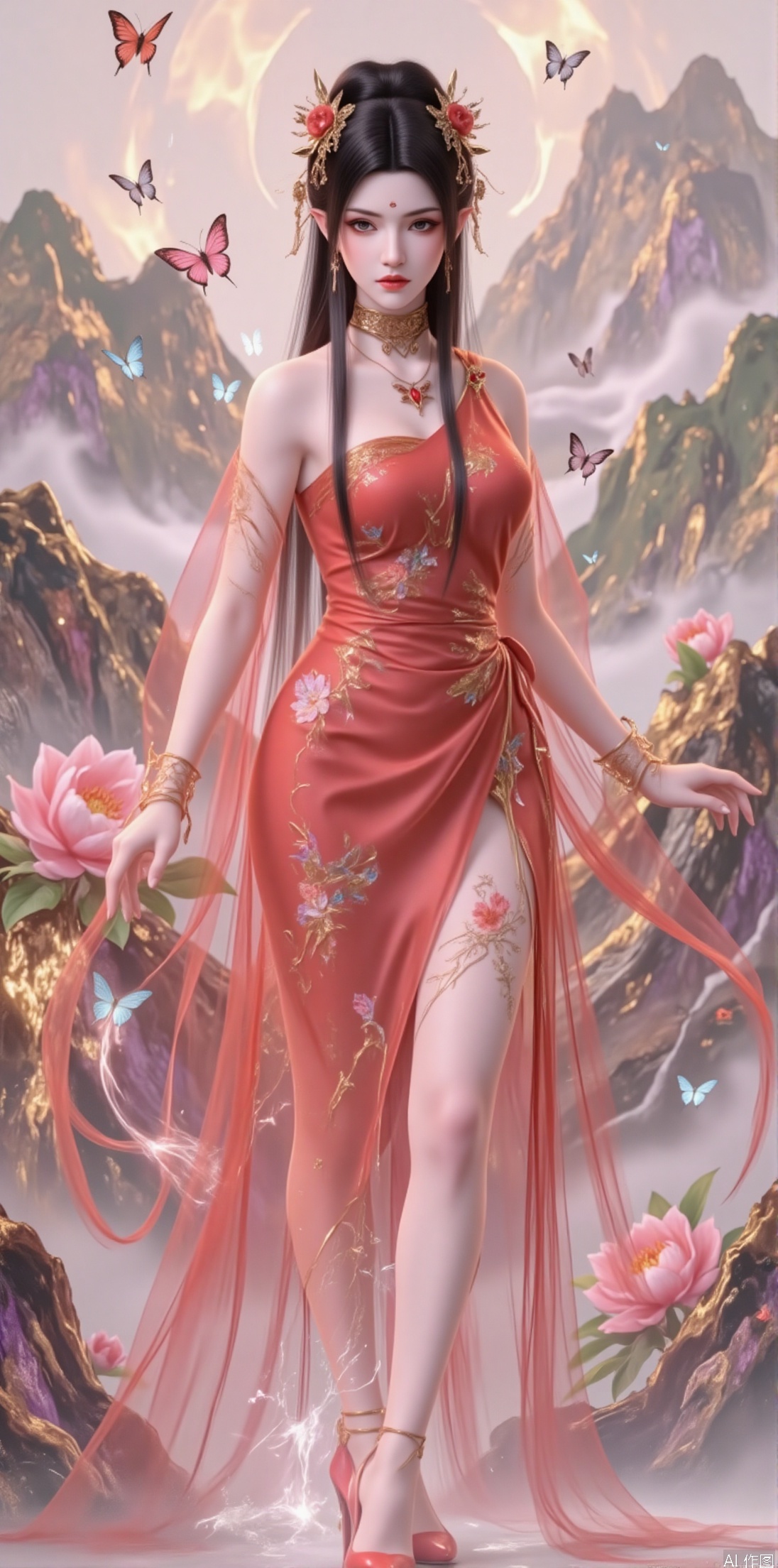 An ancient fairy with black hair lightly held by a camellia blossom hairpin, with red butterflies fluttering in her hair, adding passion and liveliness. She wears a fiery red gauze dress embroidered with blooming camellias and wildflowers, paired with elegant red high heels, showcasing the passion and vitality of spring. Standing on a spring mountain peak, overlooking distant花海and green mountains, with butterflies fluttering around her skirt, as if sharing the grandeur and beauty of spring. Her expression is gentle and lively, her eyes filled with ethereal charm, as if she were the guardian of the spring mountain peak.

The background is distant花海and rolling green mountains, creating a sense of grandeur and dreaminess.

