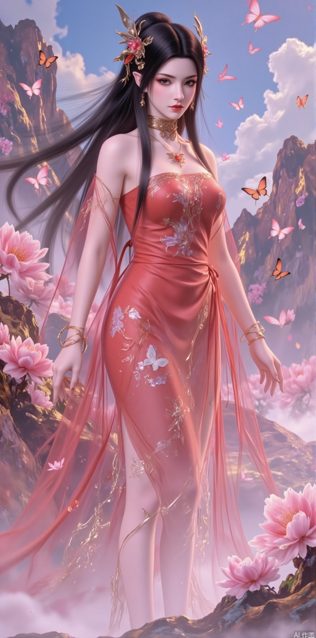 An ancient fairy with flowing black hair like a waterfall, lightly held by a peach blossom hairpin, with red butterflies fluttering in her hair, adding passion and liveliness. She wears a fiery red gauze dress embroidered with blooming peach and cherry blossoms, paired with exquisite red high heels, showcasing passion and ethereal charm. Standing in a sea of spring flowers, surrounded by blooming peach, cherry, and pear blossoms, with petals drifting in the wind, butterflies fluttering around her skirt, as if sharing the romance and dreaminess of spring. Her expression is gentle and lively, her eyes filled with ethereal charm, as if she were the embodiment of a spring spirit.

The background is a blue sky, white clouds, and distant green mountains, creating a sense of freshness and dreaminess.