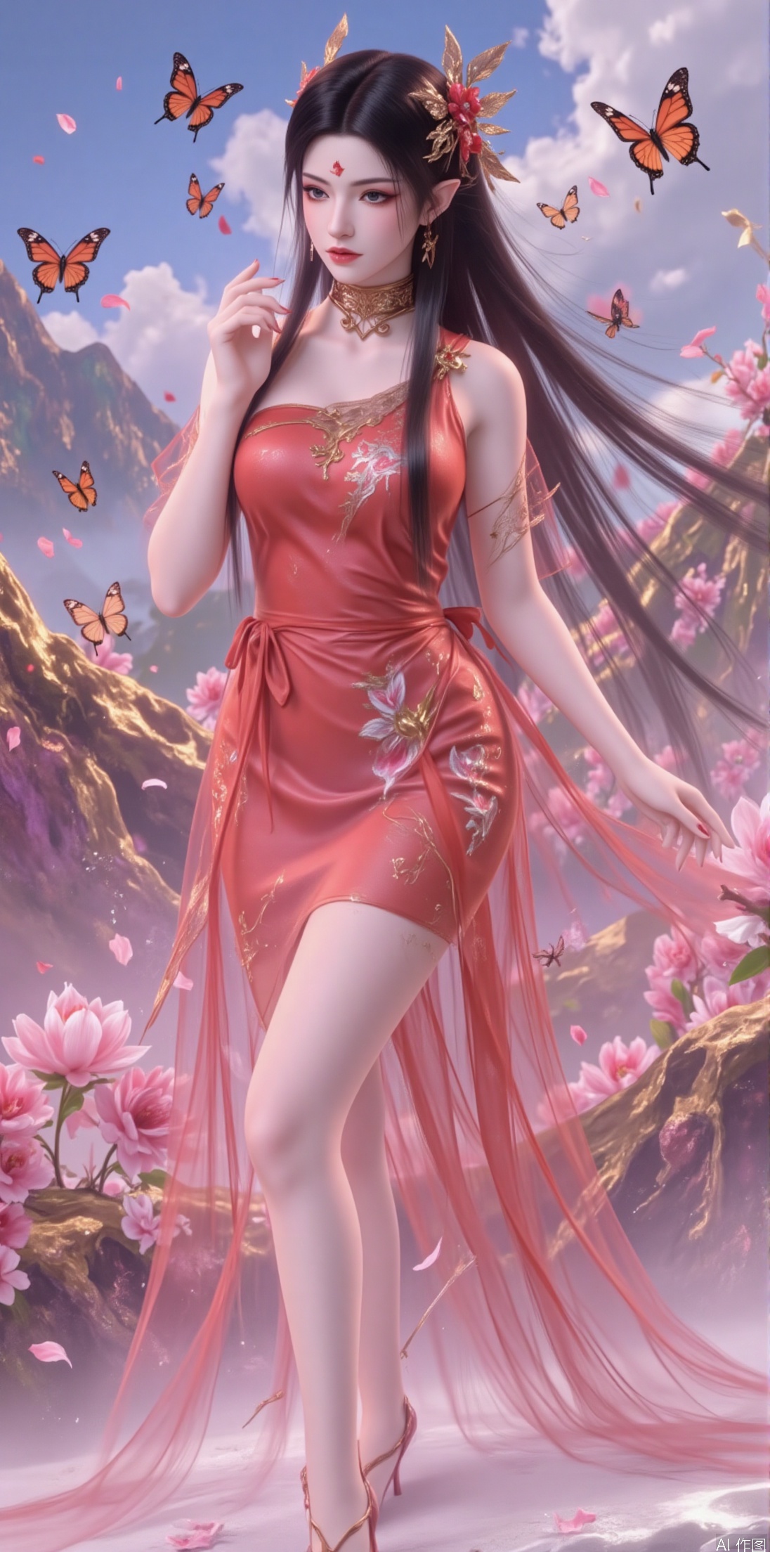 An ancient fairy with flowing black hair like a waterfall, lightly held by a peach blossom hairpin, with red butterflies fluttering in her hair, adding passion and liveliness. She wears a fiery red gauze dress embroidered with blooming peach and cherry blossoms, paired with exquisite red high heels, showcasing passion and ethereal charm. Standing in a sea of spring flowers, surrounded by blooming peach, cherry, and pear blossoms, with petals drifting in the wind, butterflies fluttering around her skirt, as if sharing the romance and dreaminess of spring. Her expression is gentle and lively, her eyes filled with ethereal charm, as if she were the embodiment of a spring spirit.

The background is a blue sky, white clouds, and distant green mountains, creating a sense of freshness and dreaminess.