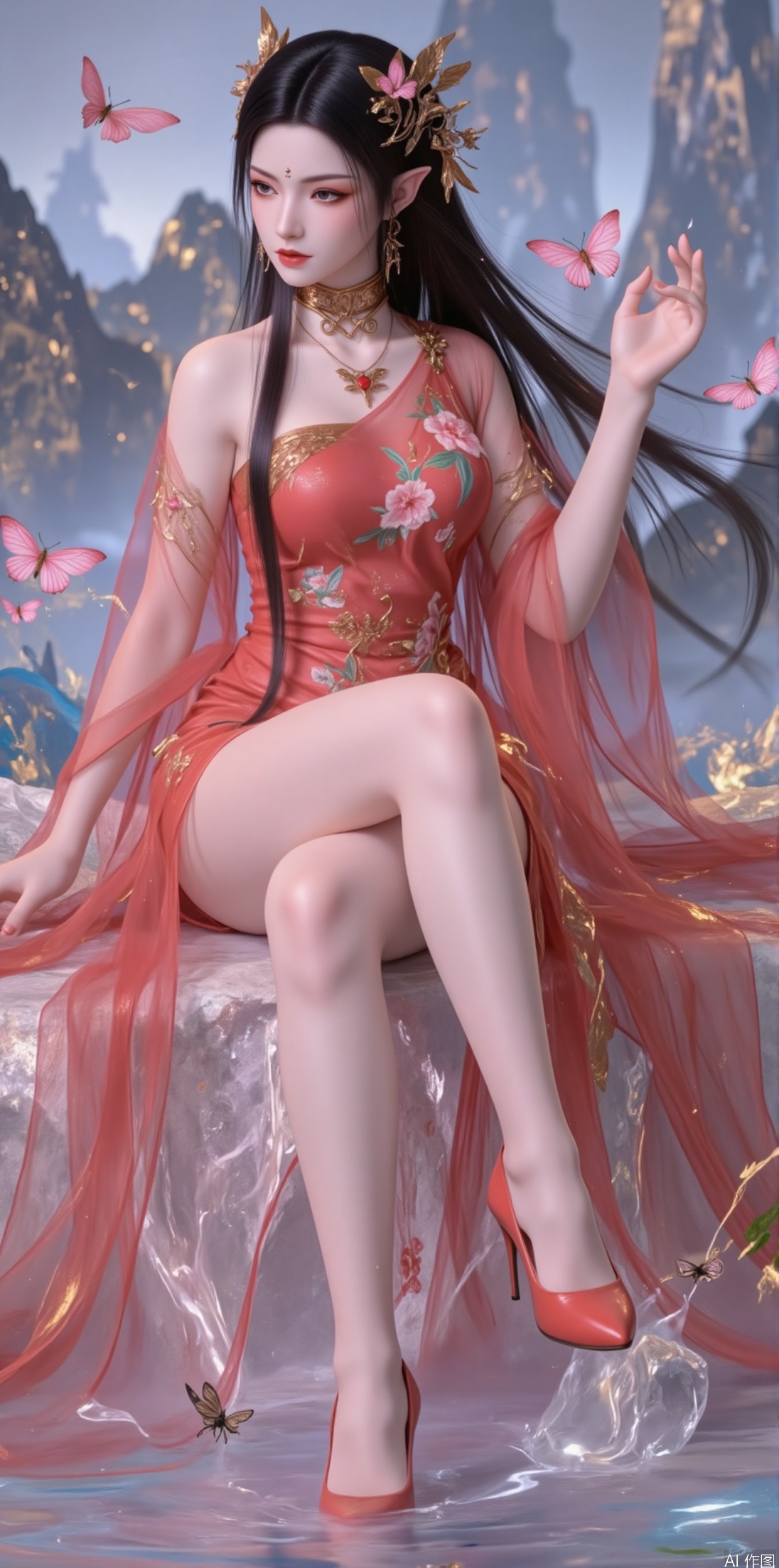 An ancient fairy with black hair flowing in the wind, adorned with an apricot blossom hairpin, with pink butterflies fluttering in her hair, adding softness and liveliness. She wears a fiery red gauze dress embroidered with blooming apricot blossoms and tender green willow leaves, paired with exquisite red high heels, showcasing the softness and lightness of spring. Sitting on a rock by the springtime lakeside, her toes gently touching the water, creating ripples, with butterflies fluttering around her skirt, as if sharing the tranquility and beauty of spring. Her expression is gentle and serene, her eyes filled with a faint smile, as if savoring the poetic moments of spring.

The background is a lake reflecting the blue sky and distant green mountains, creating a sense of tranquility and dreaminess.

