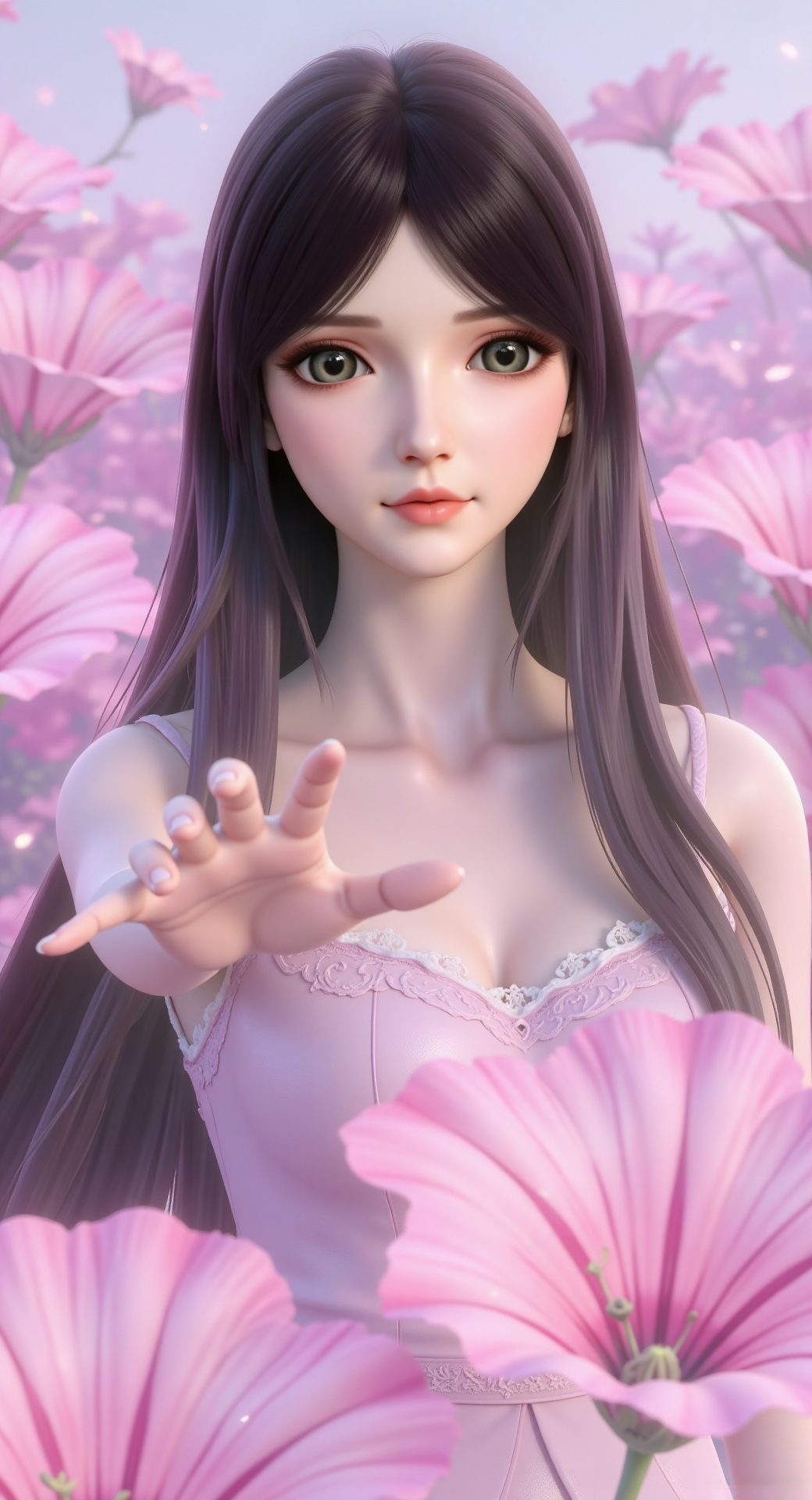 CG thick coating style, ancient style animation, soft and hazy (blurred processing), delicate and gentle brush strokes, smooth and smooth lines, girl, fluffy hair, sea of ​​pink double flowers, reaching out to the camera (perfectly slender hands), face close-up (frontal), cold white skin, dynamic scene, time frozen moment, long hair as smooth as satin, dreamy effect, shot at an angle.