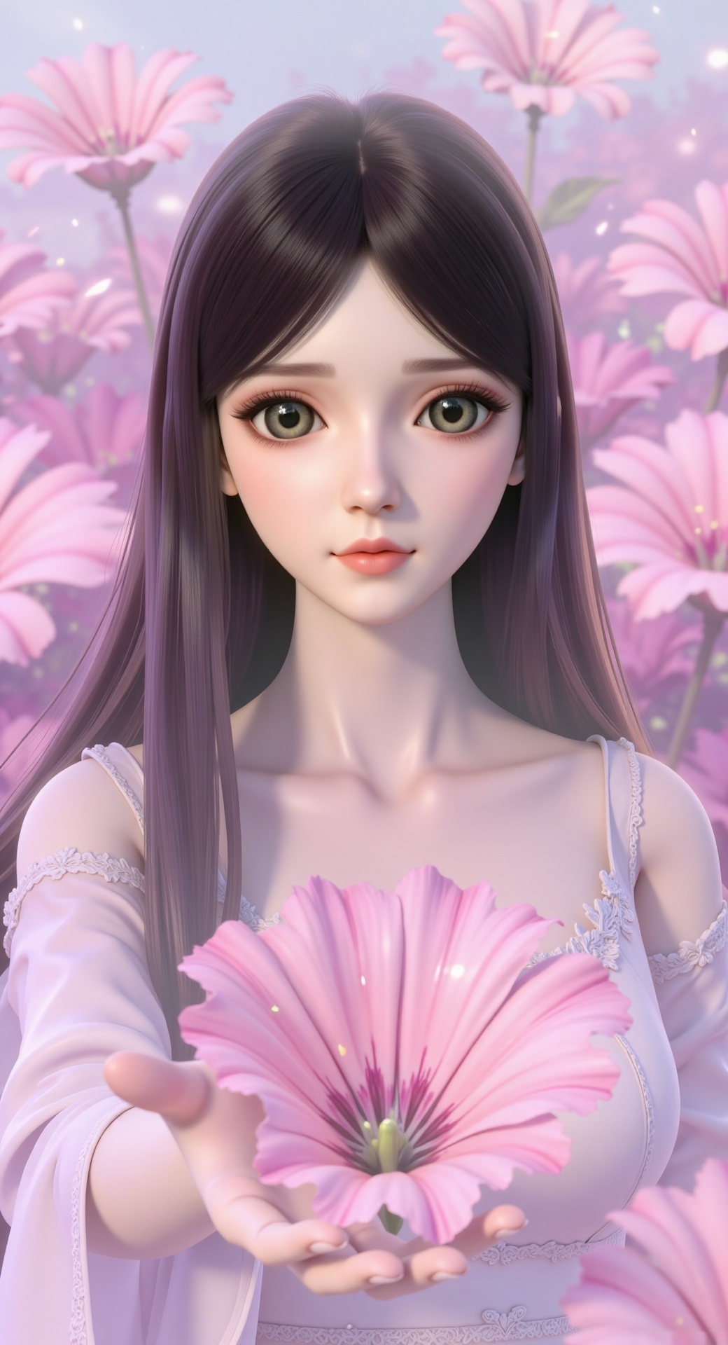 CG thick coating style, ancient style animation, soft and hazy (blurred processing), delicate and gentle brush strokes, smooth and smooth lines, girl, fluffy hair, sea of ​​pink double flowers, reaching out to the camera (perfectly slender hands), face close-up (frontal), cold white skin, dynamic scene, time frozen moment, long hair as smooth as satin, dreamy effect, shot at an angle.