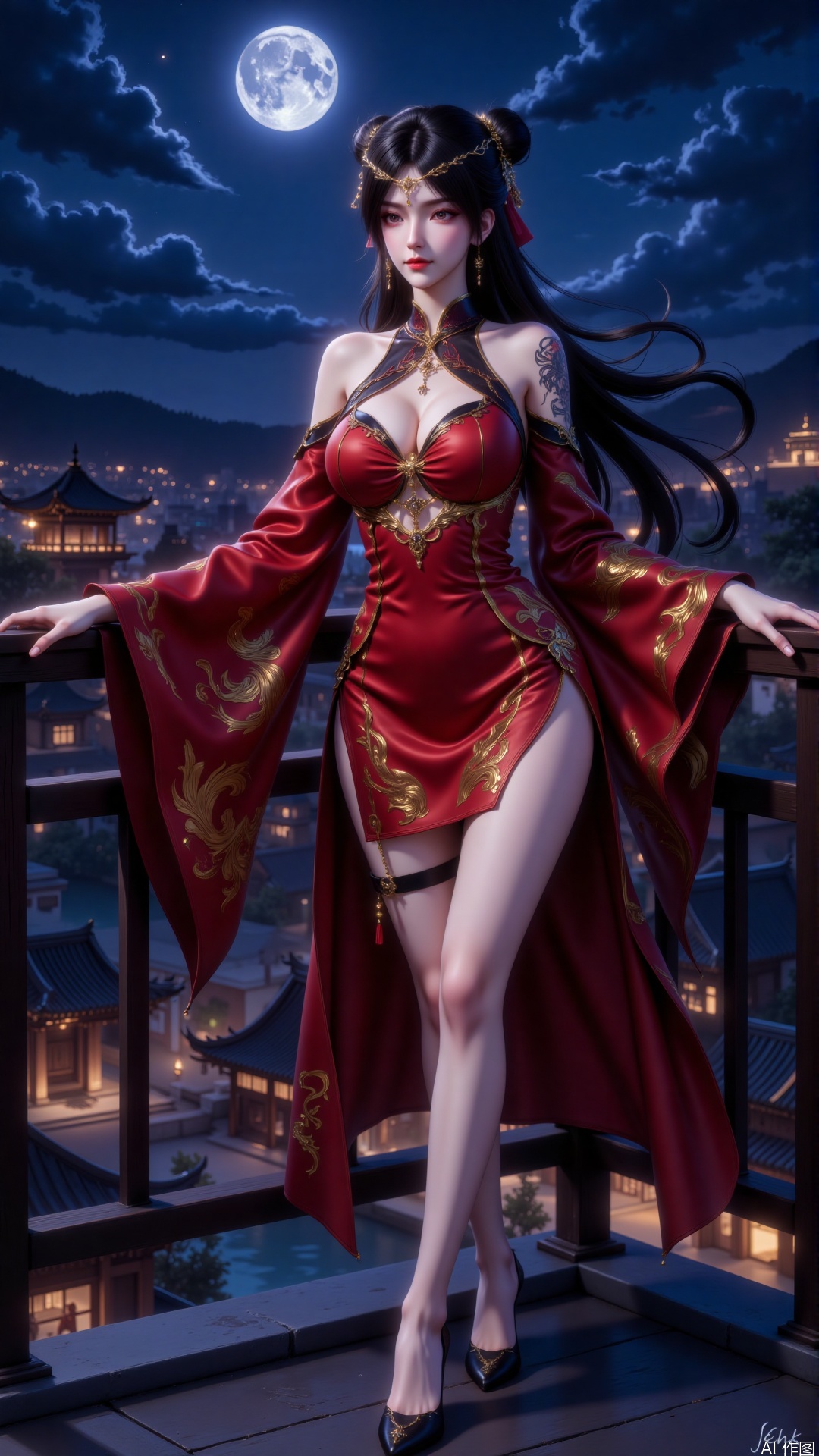 This photo depicts a woman standing on the balcony one night in a beautiful red dress, short skirt, dress cut with intricate golden phoenix patterns, off-shoulder, open sleeves, wide sleeves, black belts, gold decorations. She has long flowing black hair, dynamically fluttering on the left side of the long hair, a single bun, blonde jewelry, and a visible tattoo on her upper arm. The background is a peaceful night view, with the full moon illuminating the sky, and below is a cityscape with traditional East Asian architecture, including pagodas and glowing buildings and a winding river. (Side: 1.4), perfect hips, hands on the railings on both sides, looking at the audience, huge and plump breasts almost stretching out the clothes, the right leg is slightly raised, and the knees bent. The overall atmosphere is quiet and mysterious, combining traditional and fantasy elements. lsy