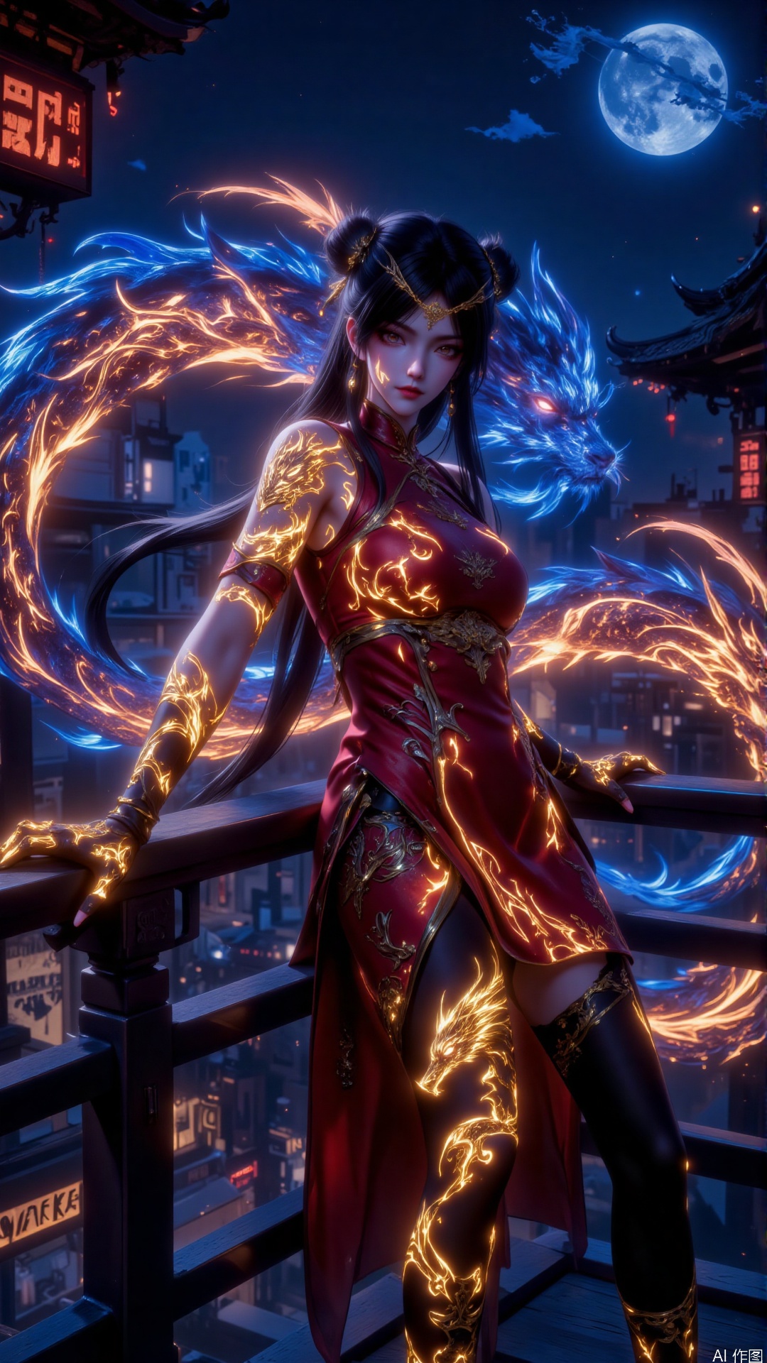 [Exquisite fine brushwork style, ultra-high definition 8K, Nikon D850 shooting texture, depth of field blur highlights the light and shadow levels, realistic skin texture mixed with luminous particle special effects, Cyber ​​Chinese style scene modeling, and the dark parts retain rich details]. In the Oriental Cyberpunk City under the night, glass eaves and neon holographic advertisements intertwined. A cold and beautiful female assassin with dragon patterns stood sideways on the antique viewing platform, with a light black railing on her left hand, a totem tattoo on her left arm flowing with gilded fluorescent light, and her right hand put on her hip. Black leggings can be seen faintly at the split of the modified blood-red cheongsam. The moon wheel poured the blue and blue cold light on her clothes embroidered with golden silk. The orange and red neon lights on the background penetrated the mist, and formed a halo of intertwined warmth and coldness around the figure. Single bun, golden hair accessories, long black hair rises in the wind, dark golden scales extending from the corners of phoenix eyes, looking at the audience with a cold expression.lsy.