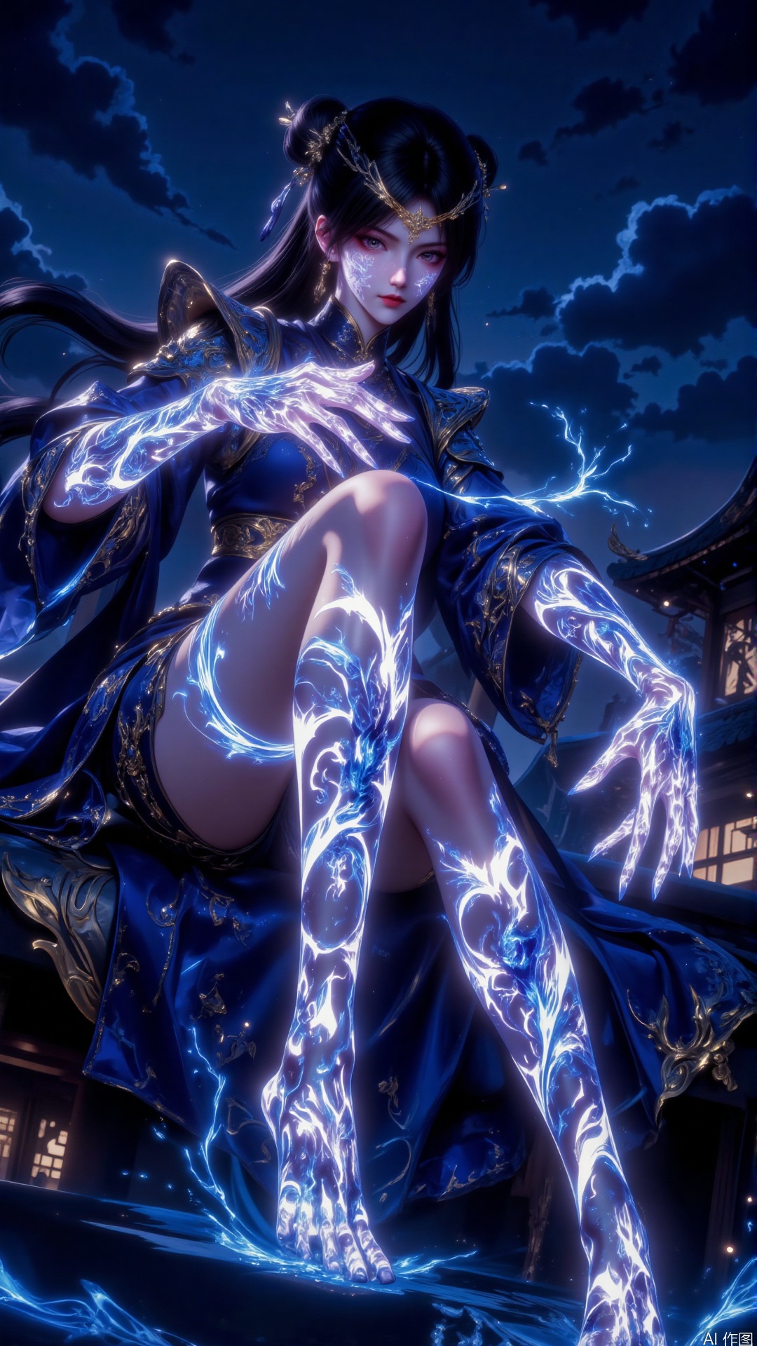 This photo depicts a character wearing a black bun and a golden headdress. The characters wear traditional costumes in blue and gold, which look like robe or ritual costumes. The design of this outfit is intricate, with patterns and decorations, giving people a noble and mysterious appearance. The skirt is short, revealing beautiful and slender legs. The characters' hands stretched forward, surrounded by glowing, electrically-like energy from their arms and legs. The background is a night sky with clouds and faint light, suggesting a magical or supernatural environment. The character sits on a structure, maybe a roof or platform, with water splashing on her legs. The entire scene has a dramatic and mysterious atmosphere.