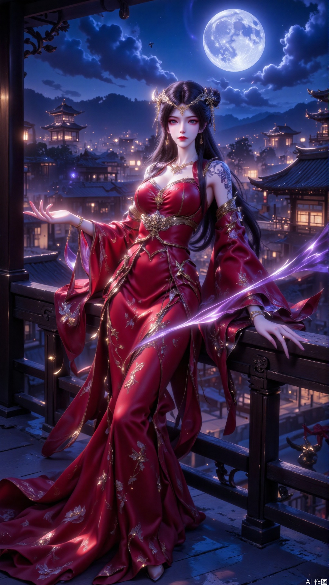 The image depicts a woman standing on a balcony at night, dressed in a traditional red and gold kimono with intricate patterns. She has long, flowing hair adorned with golden accessories and a visible tattoo on her upper arm. The background features a serene nighttime scene with a full moon illuminating the sky, and a cityscape with traditional East Asian architecture, including pagodas and illuminated buildings. The woman's pose is confident, with one hand resting on the railing and the other on her hip. The overall atmosphere is tranquil and mystical, with a blend of traditional and fantastical elements.,lsy