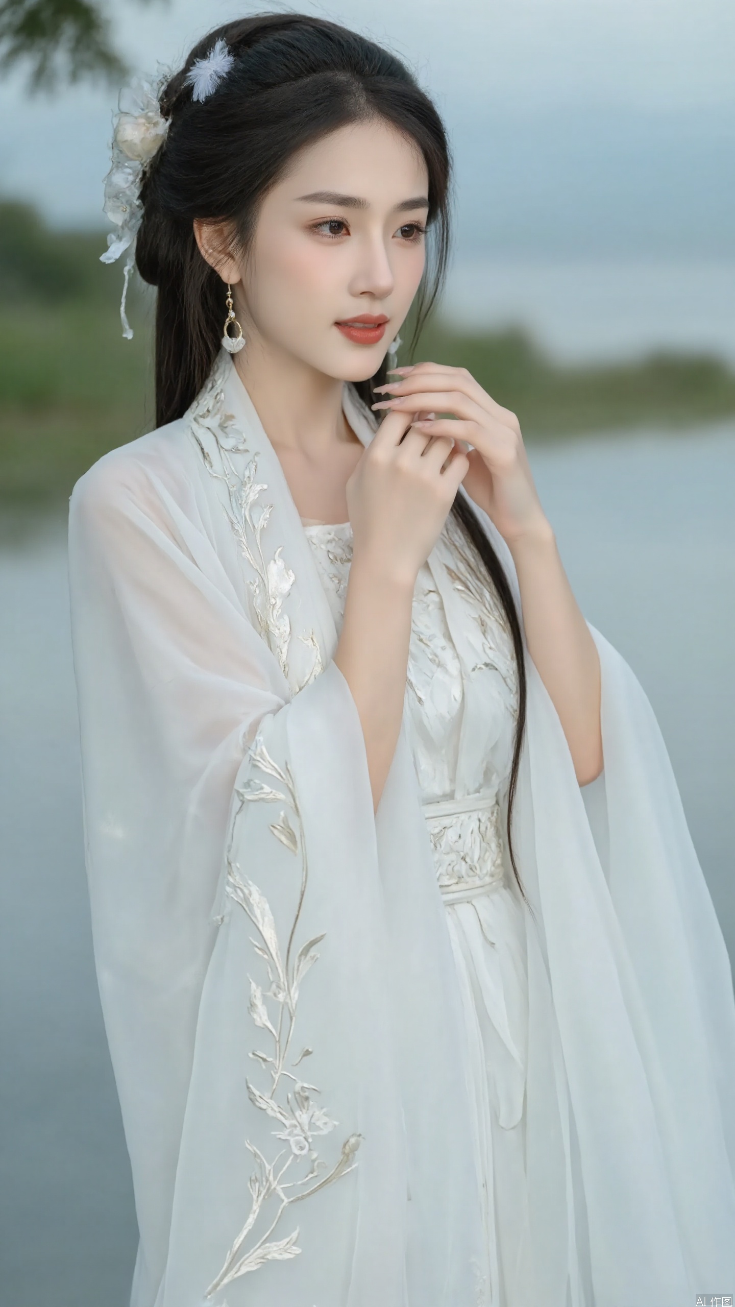 A beautiful woman wearing Hanfu.,hanfu,Beauty and Makeup,Fair skinned hands