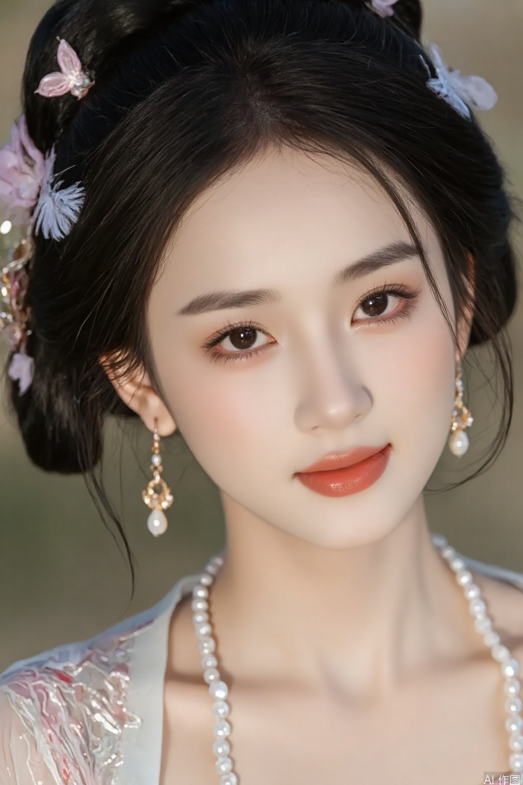 One girl. Close up of the head. Exquisite eyes. Necklace. Earrings. Hair accessories. Black hair. Eyelashes. Shiny eye shadow.,hanfu