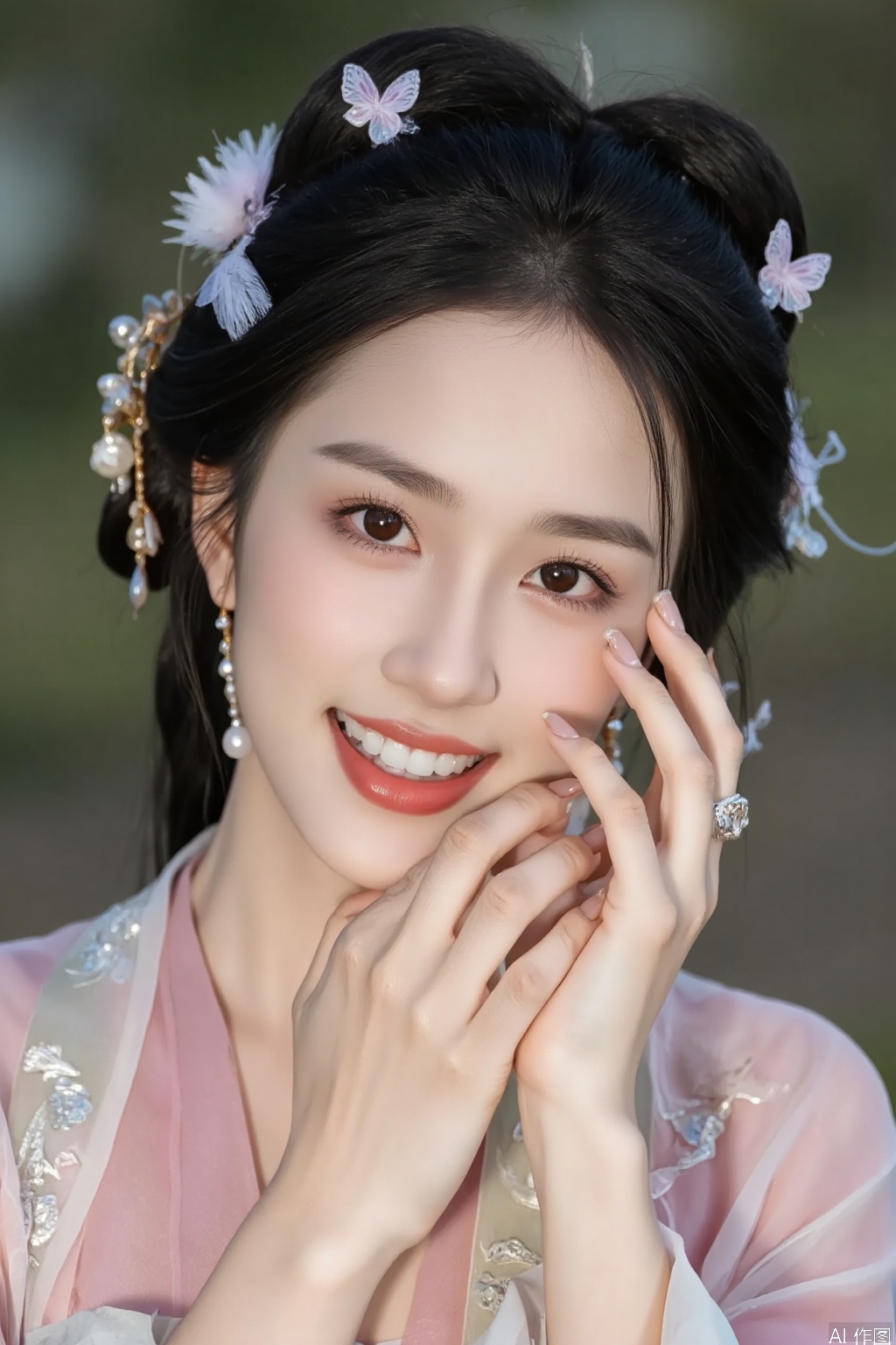 A beautiful woman wearing Hanfu. Nail. Hand. Makeup. Shiny eye shadow. Eyelashes. Black hair. Hair accessories. Jewellery. ornaments. smile. White teeth. Earrings.
