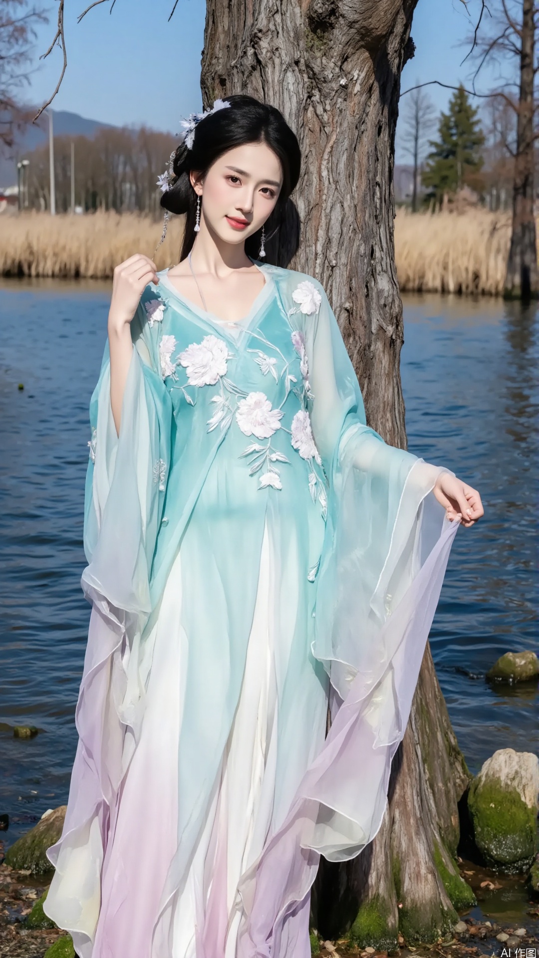 whole
The picture presents a woman dressed in Hanfu, with a fresh and natural atmosphere full of classical charm. The woman's posture is elegant, as if blending in with the surrounding scenery, conveying a gentle and gentle temperament.
composition
Using the central composition method, the character is located in the center of the picture, with tree trunks and water bodies as the background to highlight the subject. This composition style highlights the character image, visually giving a sense of balance and stability, and allowing the viewer's gaze to quickly focus on the woman.
angle of view
It is shot from a head up angle, as if the viewer is in the same space as the woman, naturally exchanging glances and being able to clearly see the overall image, facial expressions, and clothing details of the woman, giving a warm and authentic feeling.
action
The woman leaned sideways against the tree trunk, lightly holding onto the fabric with one hand, as if sorting or feeling the texture of the clothes. Her movements were gentle and soothing, her posture elegant and composed, showcasing the subtlety and gentleness of classical women, as if enjoying this moment of tranquility.
clothing
A harmonious and wonderful combination of Hanfu colors, with a blue-green upper body embroidered with exquisite white floral patterns, adding a touch of agility and elegance; The sleeves are wide and lightweight, and the hem gradually changes from light blue to pink. The fabric is lightweight and elegant, giving the wearer a fairy like vibe while walking, showcasing the unique charm and classical style of Hanfu.
Makeup
The makeup is elegant and fresh, with delicate eyebrows like willows, conforming to classical aesthetics; Natural eye makeup, highlighting the brightness and clarity of the eyes; The lip color is pink and tender, echoing the overall elegant tone, highlighting the gentle temperament of the woman. There is no overly heavy color, but it perfectly showcases classical beauty.
match
There are not too many complex matching objects, only showcasing the beauty with the colors and styles of their own Hanfu. The floral embroidery on the clothing matches the overall fresh and natural style, creating a harmonious feeling that is naturally formed.
decoration
The hairstyle is styled in a classical bun style, with small and delicate hair accessories interspersed between the buns. The material may be silver or imitation jade, which is simple yet elegant, adding a touch of classical charm to the overall look and complementing the clothing style.
background
The background is a large tree with clear tree trunk texture, and next to it is a water area with slight ripples on the surface. In the distance, dry yellow grass and trees can be seen, presenting a natural scenery of autumn and winter seasons. The background color tone tends to be natural and simple, complementing the fresh and elegant characters, creating a peaceful and distant atmosphere.hand