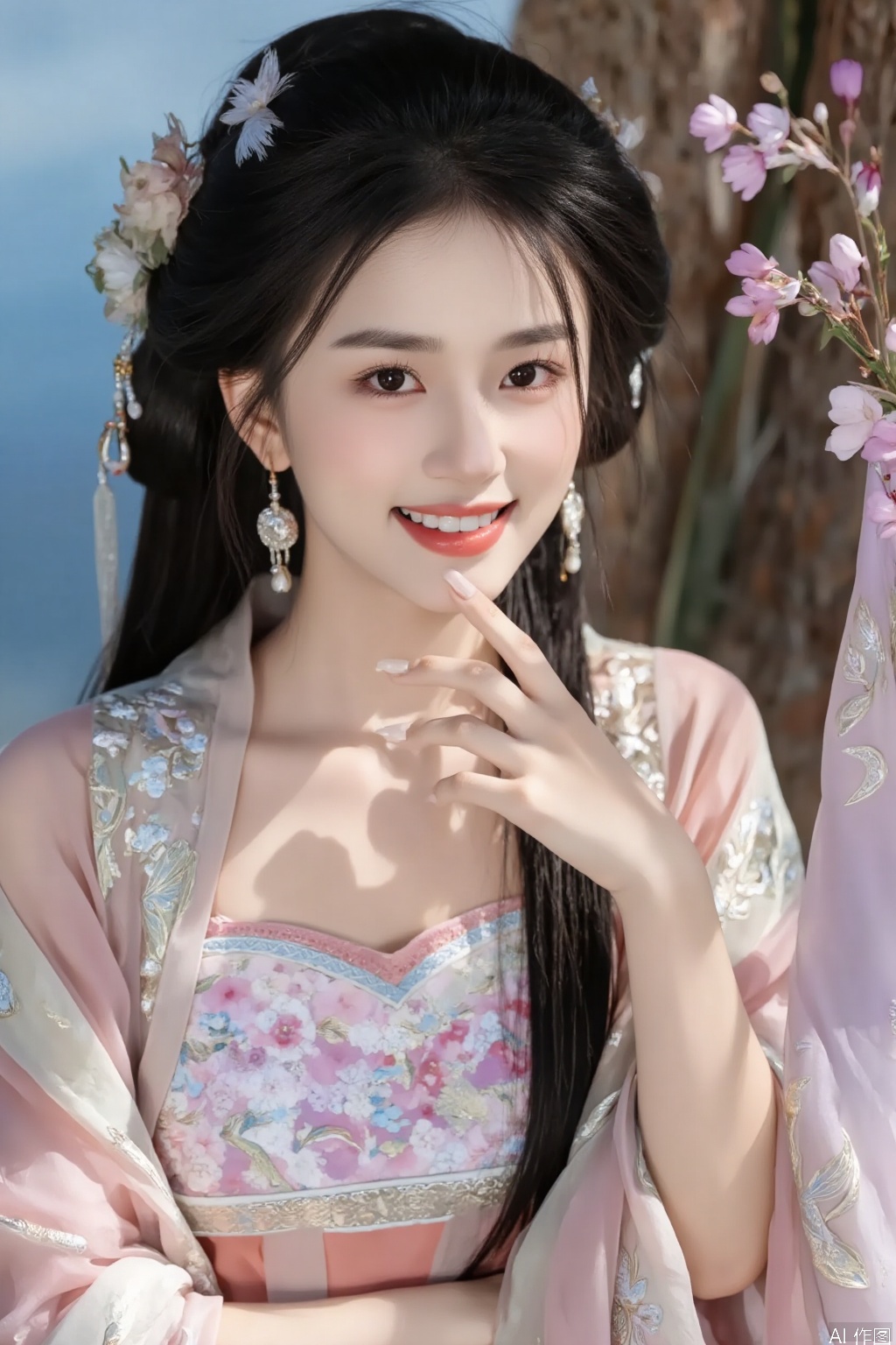 A beautiful woman wearing Hanfu. Nail. Hand. Makeup. Shiny eye shadow. Eyelashes. Long black hair. Hair accessories. Jewellery. ornaments. smile. White teeth. Earrings.