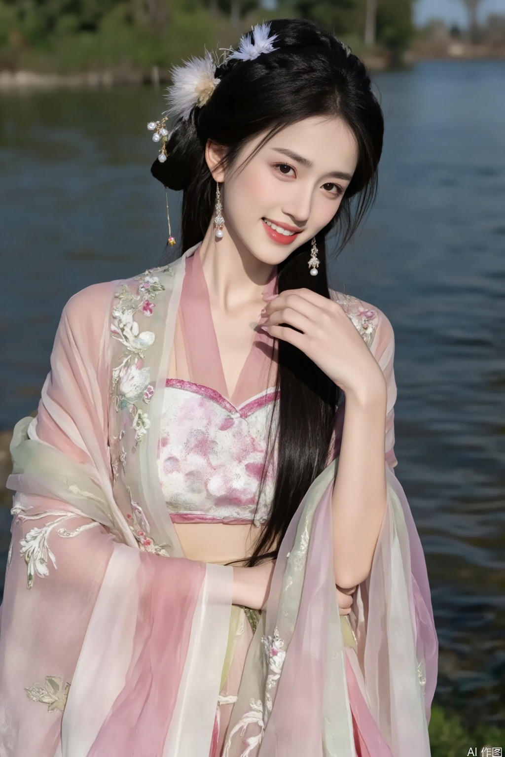 full-body picture. A beautiful woman wearing Hanfu. Nail. Hand. Makeup. Shiny eye shadow. Eyelashes. Long black hair. Hair accessories. Jewellery. ornaments. smile. White teeth. Earrings.