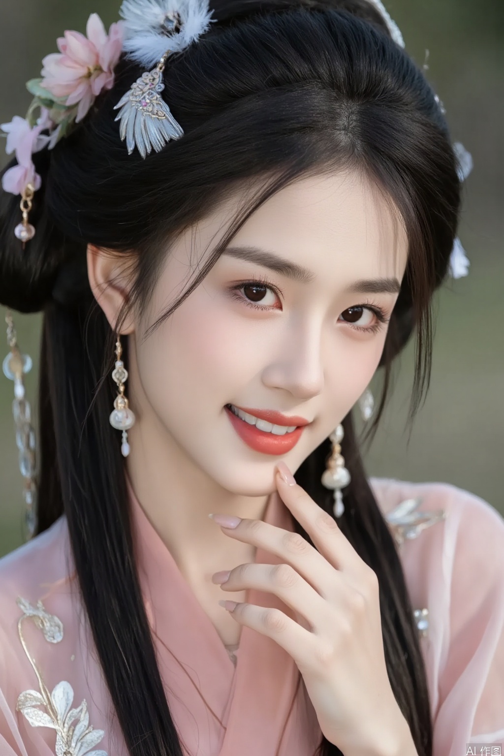 A beautiful woman wearing Hanfu. Nail. Hand. Makeup. Shiny eye shadow. Eyelashes. Long black hair. Hair accessories. Jewellery. ornaments. smile. White teeth. Earrings.