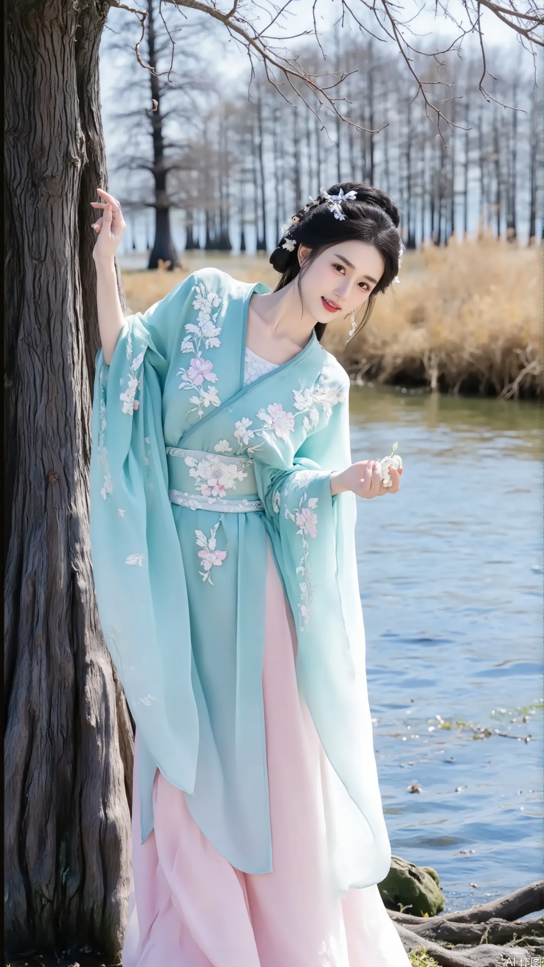 whole
The picture presents a woman dressed in Hanfu, with a fresh and natural atmosphere full of classical charm. The woman's posture is elegant, as if blending in with the surrounding scenery, conveying a gentle and gentle temperament.
composition
Using the central composition method, the character is located in the center of the picture, with tree trunks and water bodies as the background to highlight the subject. This composition style highlights the character image, visually giving a sense of balance and stability, and allowing the viewer's gaze to quickly focus on the woman.
angle of view
It is shot from a head up angle, as if the viewer is in the same space as the woman, naturally exchanging glances and being able to clearly see the overall image, facial expressions, and clothing details of the woman, giving a warm and authentic feeling.
action
The woman leaned sideways against the tree trunk, lightly holding onto the fabric with one hand, as if sorting or feeling the texture of the clothes. Her movements were gentle and soothing, her posture elegant and composed, showcasing the subtlety and gentleness of classical women, as if enjoying this moment of tranquility.
clothing
A harmonious and wonderful combination of Hanfu colors, with a blue-green upper body embroidered with exquisite white floral patterns, adding a touch of agility and elegance; The sleeves are wide and lightweight, and the hem gradually changes from light blue to pink. The fabric is lightweight and elegant, giving the wearer a fairy like vibe while walking, showcasing the unique charm and classical style of Hanfu.
Makeup
The makeup is elegant and fresh, with delicate eyebrows like willows, conforming to classical aesthetics; Natural eye makeup, highlighting the brightness and clarity of the eyes; The lip color is pink and tender, echoing the overall elegant tone, highlighting the gentle temperament of the woman. There is no overly heavy color, but it perfectly showcases classical beauty.
match
There are not too many complex matching objects, only showcasing the beauty with the colors and styles of their own Hanfu. The floral embroidery on the clothing matches the overall fresh and natural style, creating a harmonious feeling that is naturally formed.
decoration
The hairstyle is styled in a classical bun style, with small and delicate hair accessories interspersed between the buns. The material may be silver or imitation jade, which is simple yet elegant, adding a touch of classical charm to the overall look and complementing the clothing style.
background
The background is a large tree with clear tree trunk texture, and next to it is a water area with slight ripples on the surface. In the distance, dry yellow grass and trees can be seen, presenting a natural scenery of autumn and winter seasons. The background color tone tends to be natural and simple, complementing the fresh and elegant characters, creating a peaceful and distant atmosphere.hand