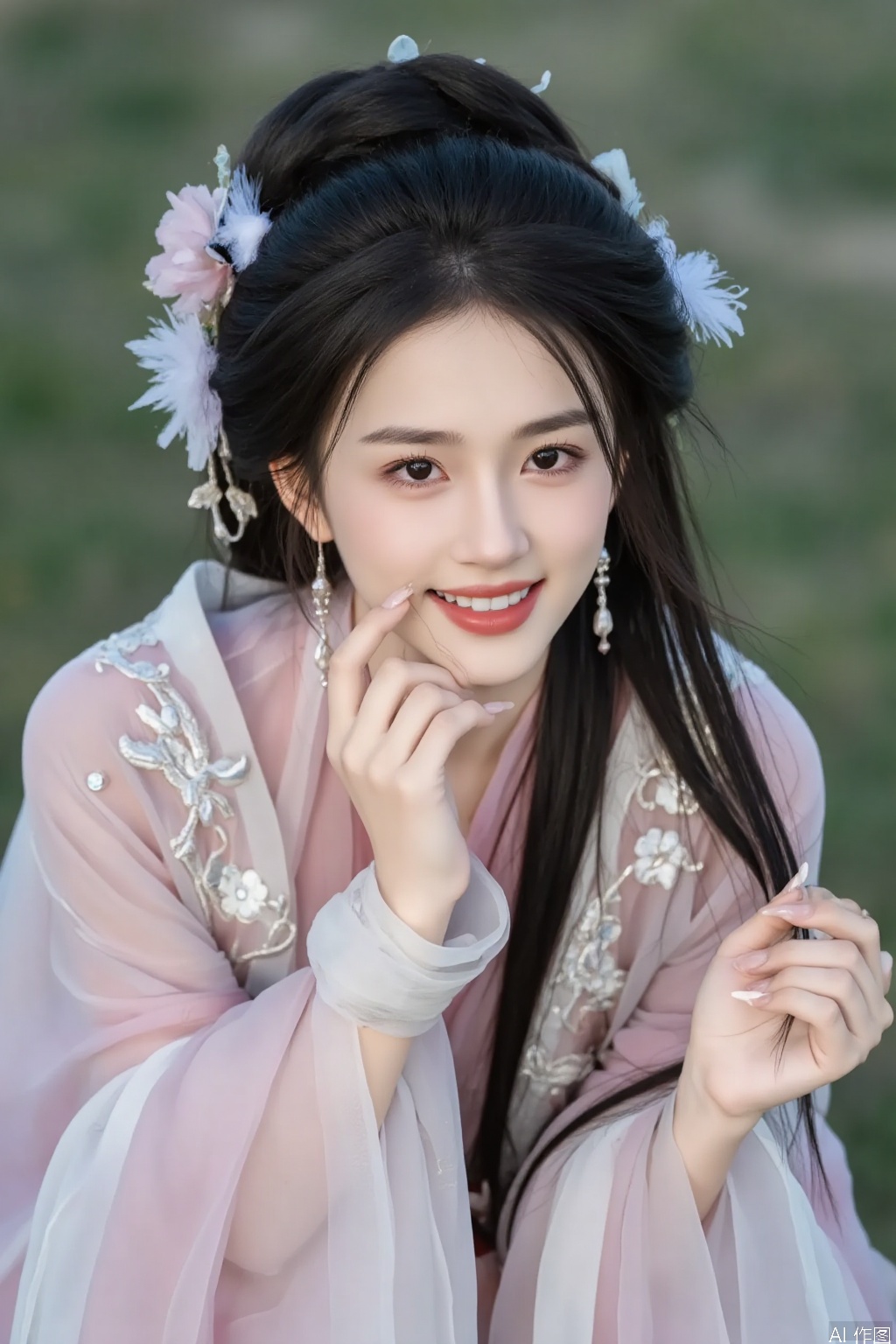 whole body. A beautiful woman wearing Hanfu. Nail. Hand. Makeup. Shiny eye shadow. Eyelashes. Long black hair. Hair accessories. Jewellery. ornaments. smile. White teeth. Earrings.