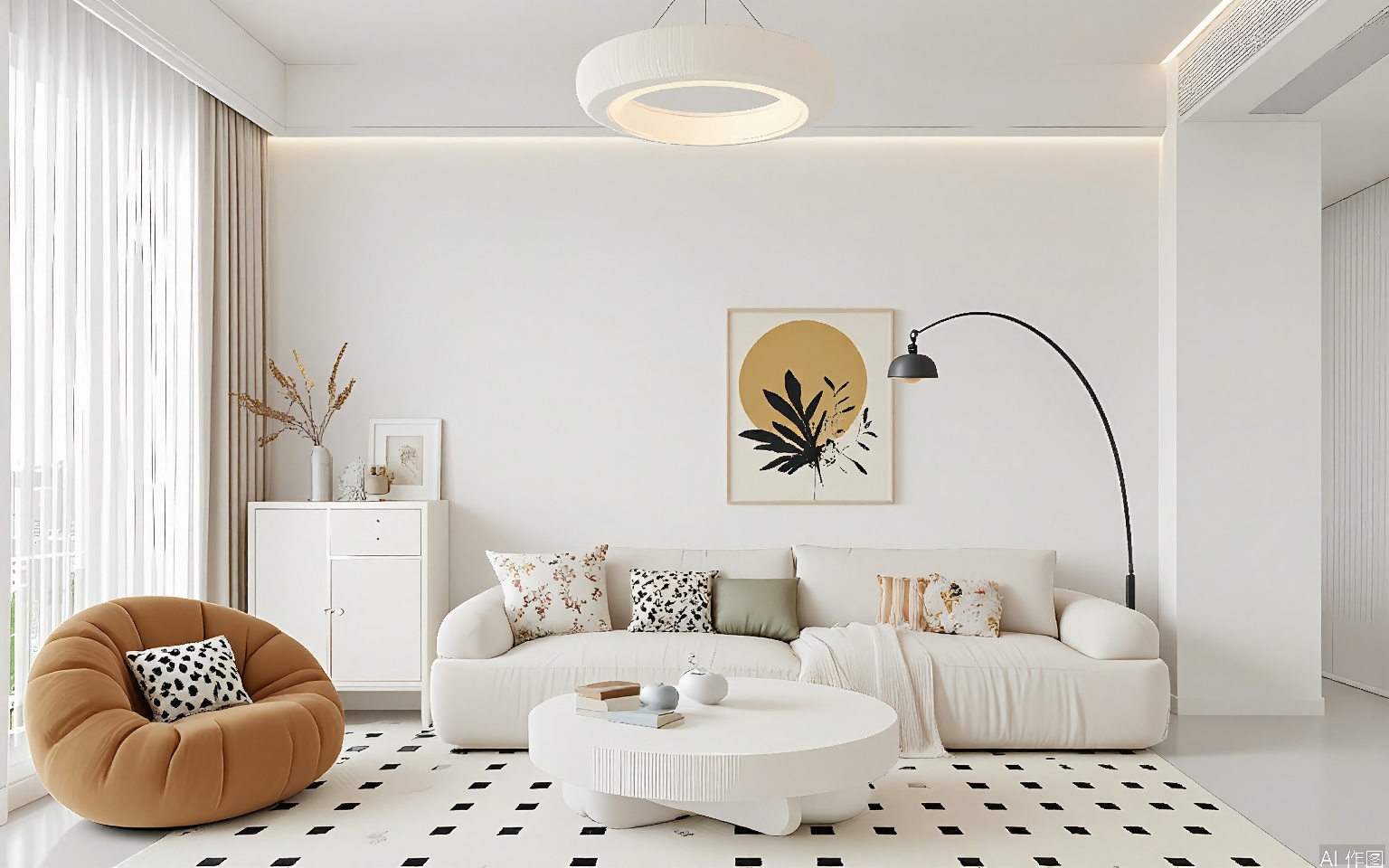 ZJF, A minimalist living room with a modern aesthetic. The space features a beige sectional sofa adorned with geometric and floral pillows, centered against a light wall. Above the sofa, a large, abstract artwork with a golden sun and black leaf design hangs. To the left, a small white console table holds a vase with dried flowers and a framed photograph. A tan, curved armchair sits to the left of the sofa. A white, round coffee table with a geometric design is placed in front of the sofa. A large, floor lamp with a white shade stands near the sofa. The room is illuminated by a modern, circular ceiling light. The floor is covered with a patterned rug in black and white.