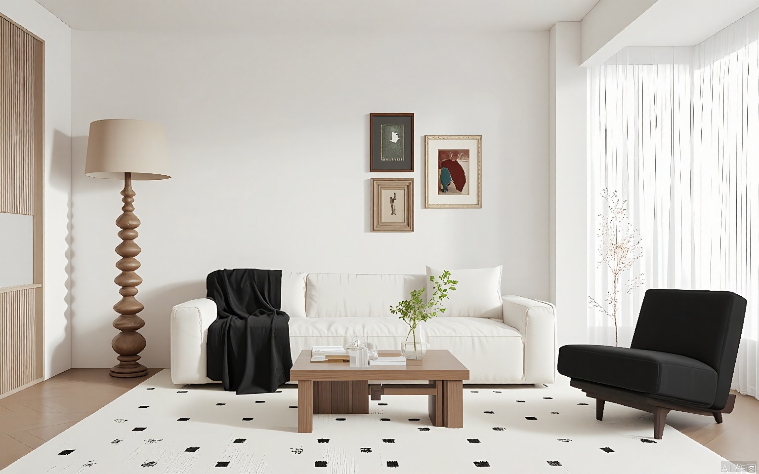 ZJF, Photograph of a modern living room with a minimalist design. The room features a beige sofa with a black throw blanket, a wooden coffee table with a glass top, and a black armchair. A tall, wooden floor lamp with a beige shade stands to the left. The walls are adorned with framed art and a large, geometric-patterned rug covers the wooden floor. The room is lit by natural light coming through large windows on the right.