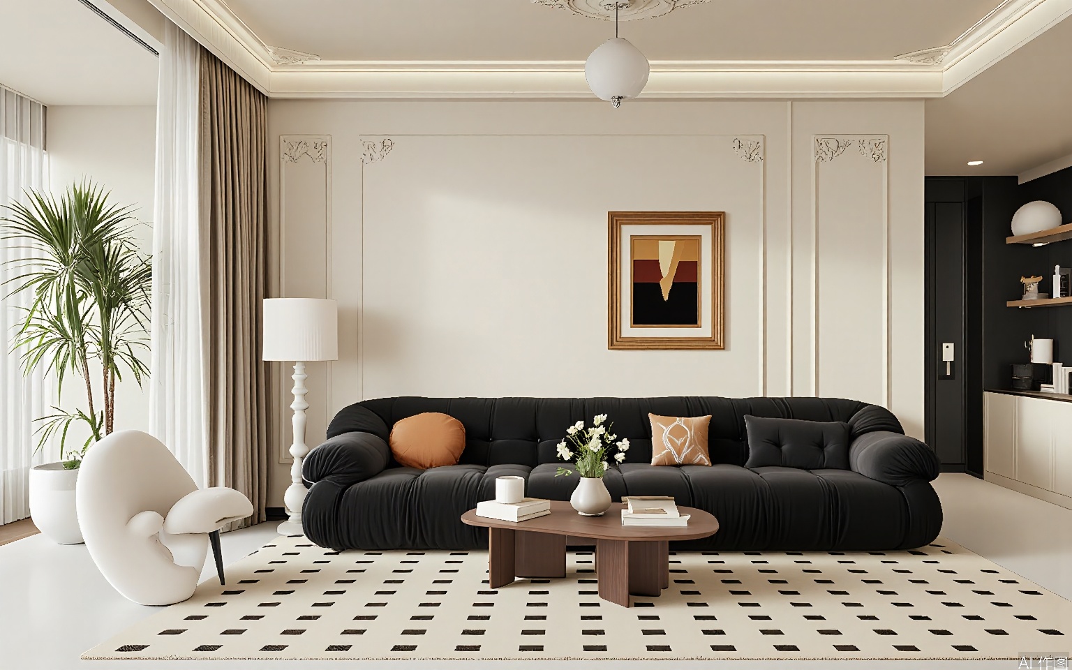 ZJF, Modern living room with a minimalist design, featuring a black velvet sofa with orange and white pillows, a wooden coffee table with a vase of white flowers, and a geometric patterned rug. The room has beige walls with ornate molding, a tall white floor lamp, and a tall plant in a corner. The lighting is soft and warm, creating a cozy atmosphere. The decor includes a framed abstract painting above the sofa and a black shelf unit with books and decorative items. The space is elegant and stylish, with a focus on clean lines and neutral colors.