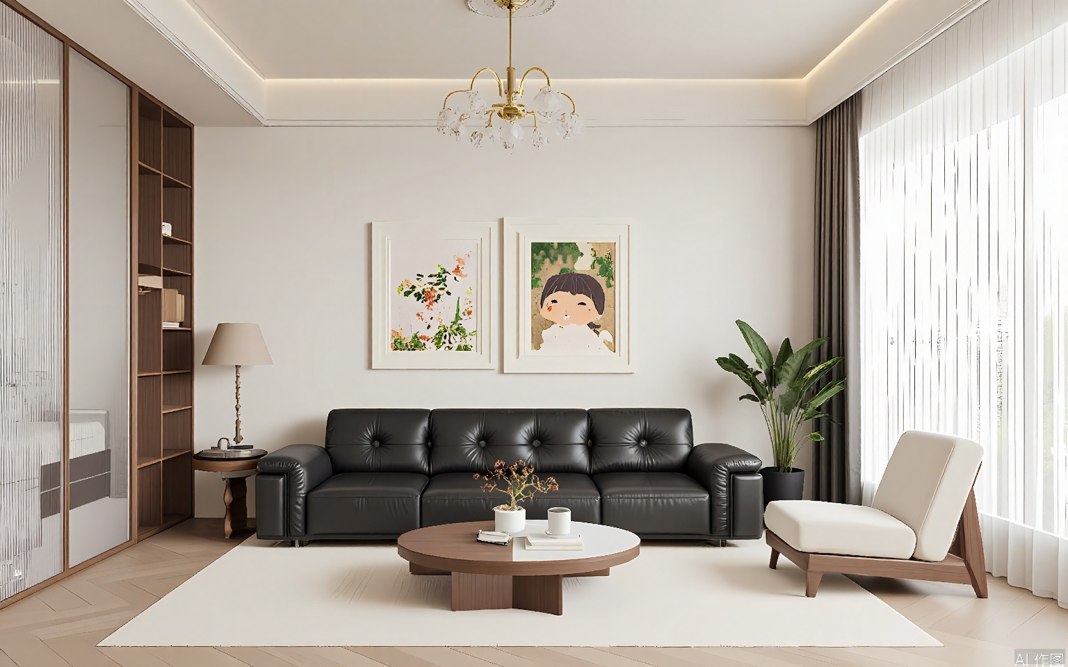 ZJF, Photograph of a modern living room with a minimalist design. A black leather couch is centered against a light beige wall, adorned with two framed cartoon prints. A wooden coffee table with a glass top sits in front of the couch, accompanied by a small potted plant. A beige armchair is positioned to the right, and a large window with sheer curtains allows natural light to flood the space. The ceiling features a contemporary chandelier. The room is decorated with a mix of modern and natural elements, creating a cozy yet stylish atmosphere.