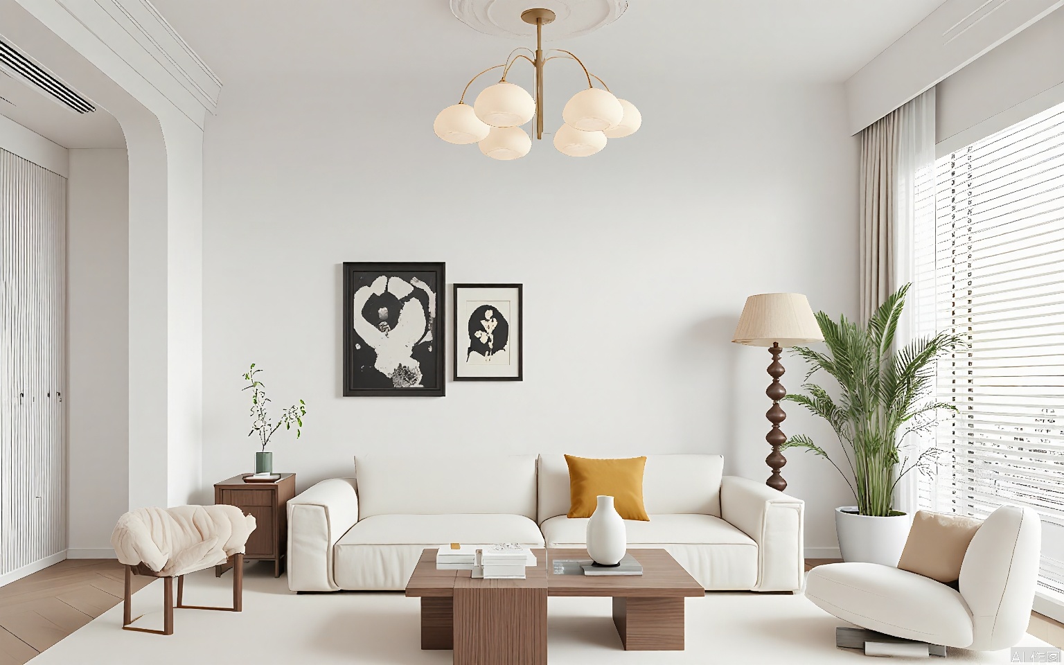 ZJF, Photograph of a modern, stylish living room with a neutral color palette. Features include a beige sofa with a mustard yellow throw pillow, a wooden coffee table with a glass top, and a white, curved chair. A tall, patterned floor lamp stands beside the sofa. A large window with horizontal blinds allows natural light to filter in. A potted plant adds a touch of greenery. Artwork on the walls includes a black-and-white abstract painting and a framed botanical print. The ceiling is adorned with a decorative, circular light fixture.