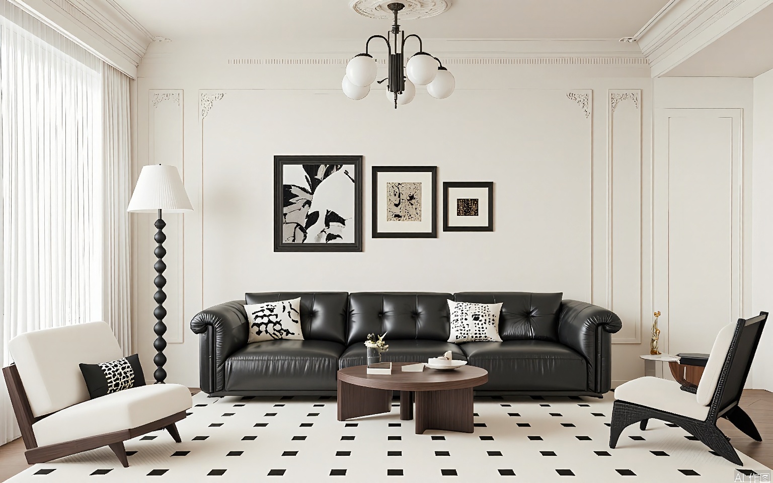 ZJF, A stylish, modern living room with a minimalist design. A black leather sofa adorned with white geometric patterned cushions is centered against a cream-colored paneled wall. Above the sofa, three abstract black and white art pieces are hung. A black and white patterned rug lies on the floor in front of the sofa. To the left, a tall, thin floor lamp with a white shade stands. A small, round wooden coffee table with a glass top is positioned in front of the sofa. A wicker chair with a beige cushion sits to the right. The room is illuminated by a chandelier with white globes.