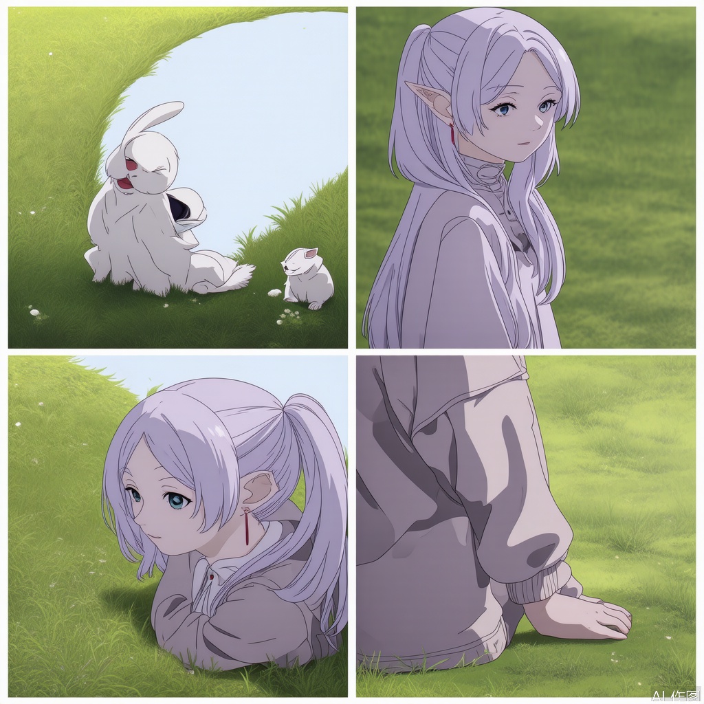 1girl,,high resolution, masterpiece, best quality, extremely detailed, very aesthetic,frieren,,,long hair,white hair,pointed ears,parted bangs, 角色： 1 Girl, solo, long hair, jewelry, white hair, pointed ears, : 3,= =, Color difference, 1 girl, solo, Long hair, simple background, white background, green eyes, white hair, pointy ears, sweater, fluffy scarf, : 3, Blush, kittens, pets, petting, grass, picnic MATS