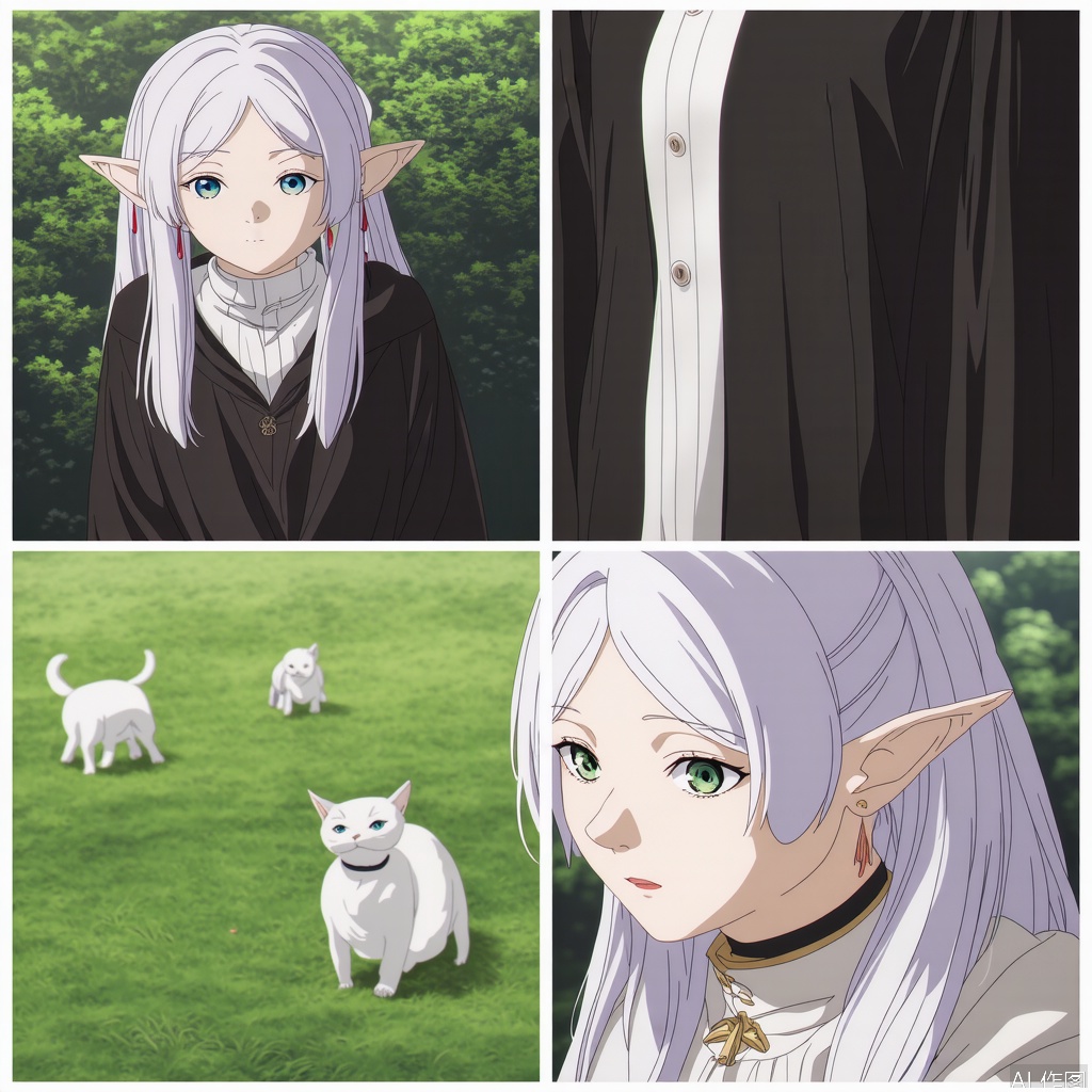 1girl,,high resolution, masterpiece, best quality, extremely detailed, very aesthetic,frieren,,,long hair,white hair,pointed ears,parted bangs, 角色： 1 Girl, solo, long hair, jewelry, white hair, pointed ears, : 3,= =, Color difference, 1 girl, solo, Long hair, simple background, white background, green eyes, white hair, pointy ears, sweater, fluffy scarf, : 3, Blush, kittens, pets, petting, grass, picnic MATS