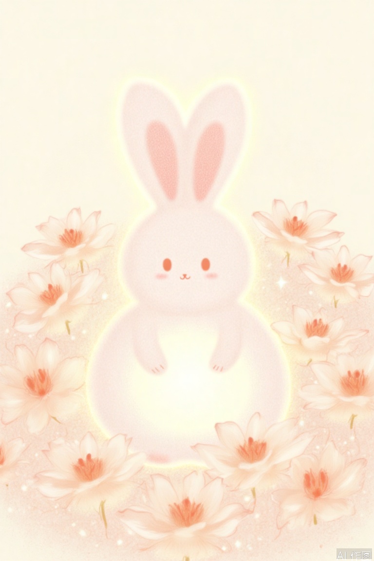 A soft-focused shot of a radiant rabbit with a gentle glow surrounding its fluffy body. It's surrounded by a sea of delicate, pale pink lilies, the petals gently swaying in an invisible breeze. The background is a warm, creamy white, providing a subtle contrast to the bright, ethereal light emanating from the rabbit's tiny form.