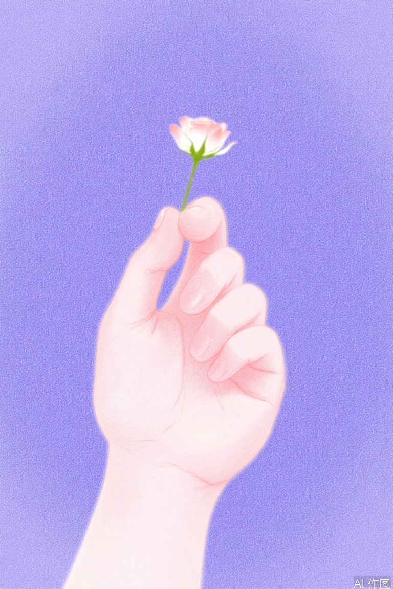 The image depicts a hand holding a small, delicate rose. The background is a textured purple, giving a soft, almost ethereal feel to the scene. The hand is pink and appears to be gently holding the flower, creating a sense of tenderness and care. The overall composition is simple yet evocative, with a focus on the delicate beauty of the flower against the calming blue backdrop.