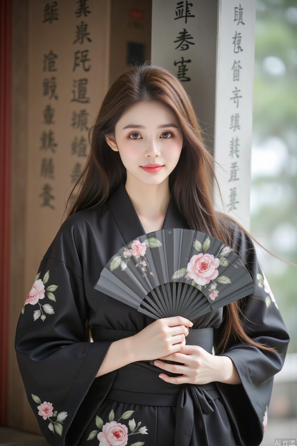 girl, with a black kimono adorned with flowers. Her hair is pulled back in a bun cascading down her shoulders framing her face. She is adorned with a bold red lip adding a pop of color to her outfit. Her eyes are a piercing blue her eyebrows are a darker shade of brown and her lips are a lighter shade of red. She's holding a black hand fan with a floral pattern on it adding depth to the scene. The background is blurred The background is a wall with Chinese characters written on it creating a stark contrast to the woman's outfit.sexy