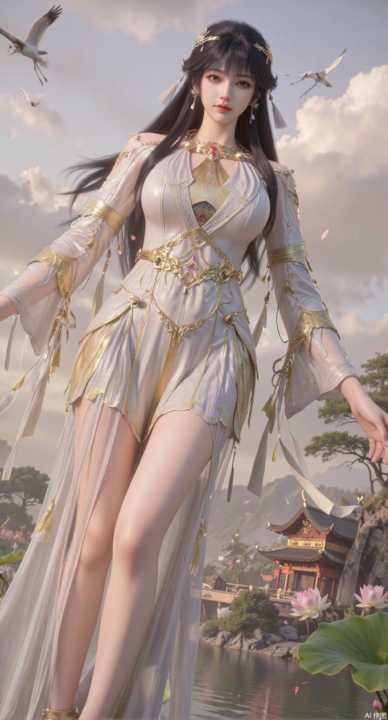 SFW,(masterpiece:1.2),best quality,1girl,solo,long hair,long dress,celestial maiden in flowing tulle gown levitates above lotus pond, ethereal mist trails from hair ribbons, mythical Penglai paradise emerges through clouds with glowing pavilions, translucent bioluminescent lotus blooms, flock of cranes gliding over water surface, ultra HD with soft 3D rendering, morning light filters through mist, falling petal rain, intricate details on scale-patterned fabric and lotus veins.(huge breasts:2.99),(full breasts:2.99),XanmiaoyiY,XhuolingerHHY,XwangqiuerKQW,Xxuenv,Xnanqiuqiu,Xhuangnv,XchuxuanerX,XchuxuanerXY,XyunyunX,XqingnvzongZM,XanmiaoyiXY,Xaichen,large natural breast,soft breasts,XbaiyuerongY