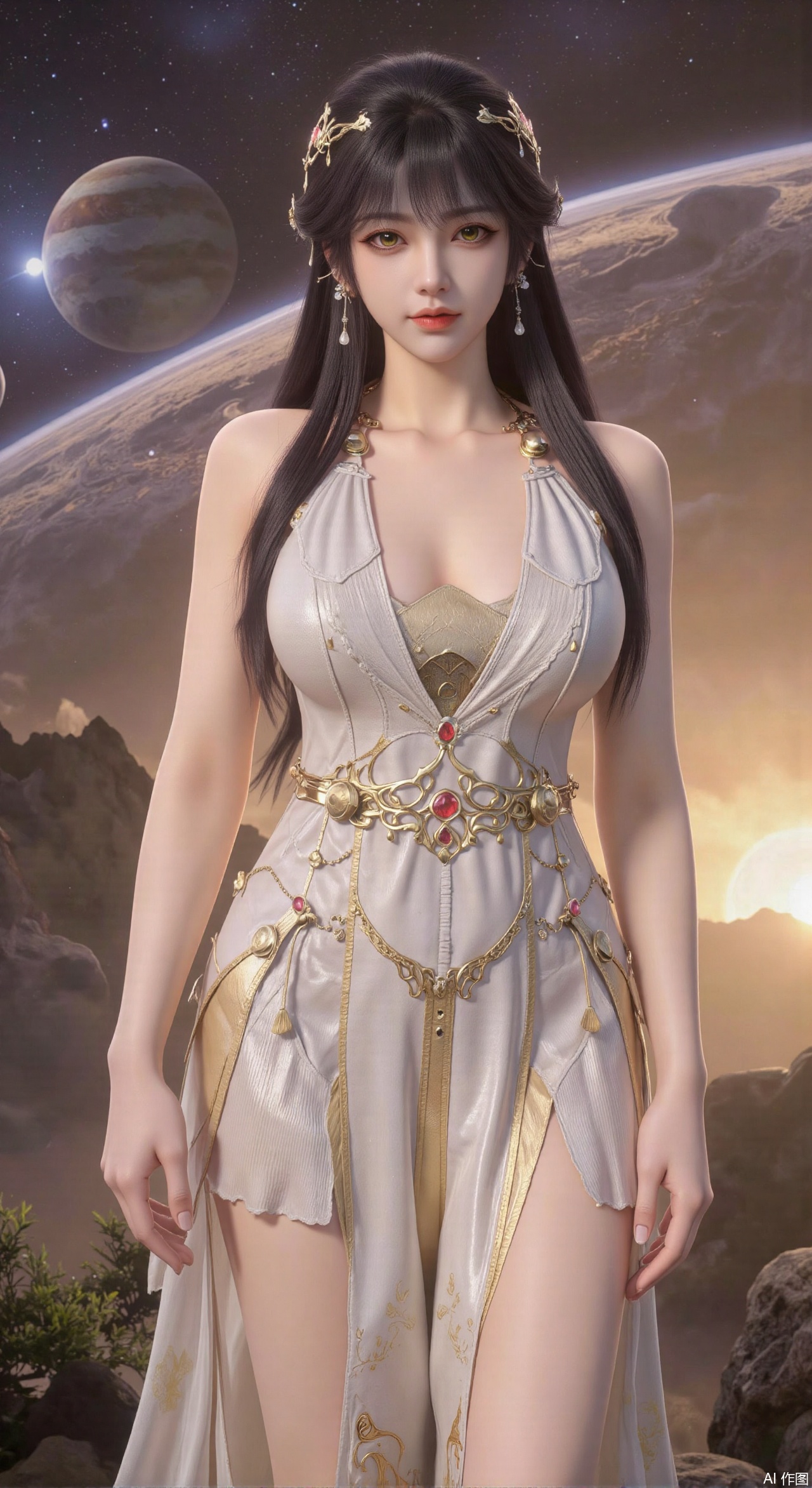 SFW,(masterpiece:1.2),best quality,absurdres,masterpiece,original,extremely detailed wallpaper,perfect lighting,1girl,solo,looking at viewer,(cowboy_shot:1.3),long hair,high heels,blurry background,depth of field,motion blur,(long dress:1.23),crystal_earrings,headpiece,hair_tie,chest_jewel,gem,necklace,jewelry,in summer,day,outdoors,nature,(Space, planetary belt, Earth, Mercury, Venus, Mars, Jupiter, Saturn, Sun in the background:1.59),(huge breasts:2.99),(full breasts:2.99),,large natural breast,soft breasts,XqingnvzongZM,XanmiaoyiXY,Xaichen,XbaiyuerongY