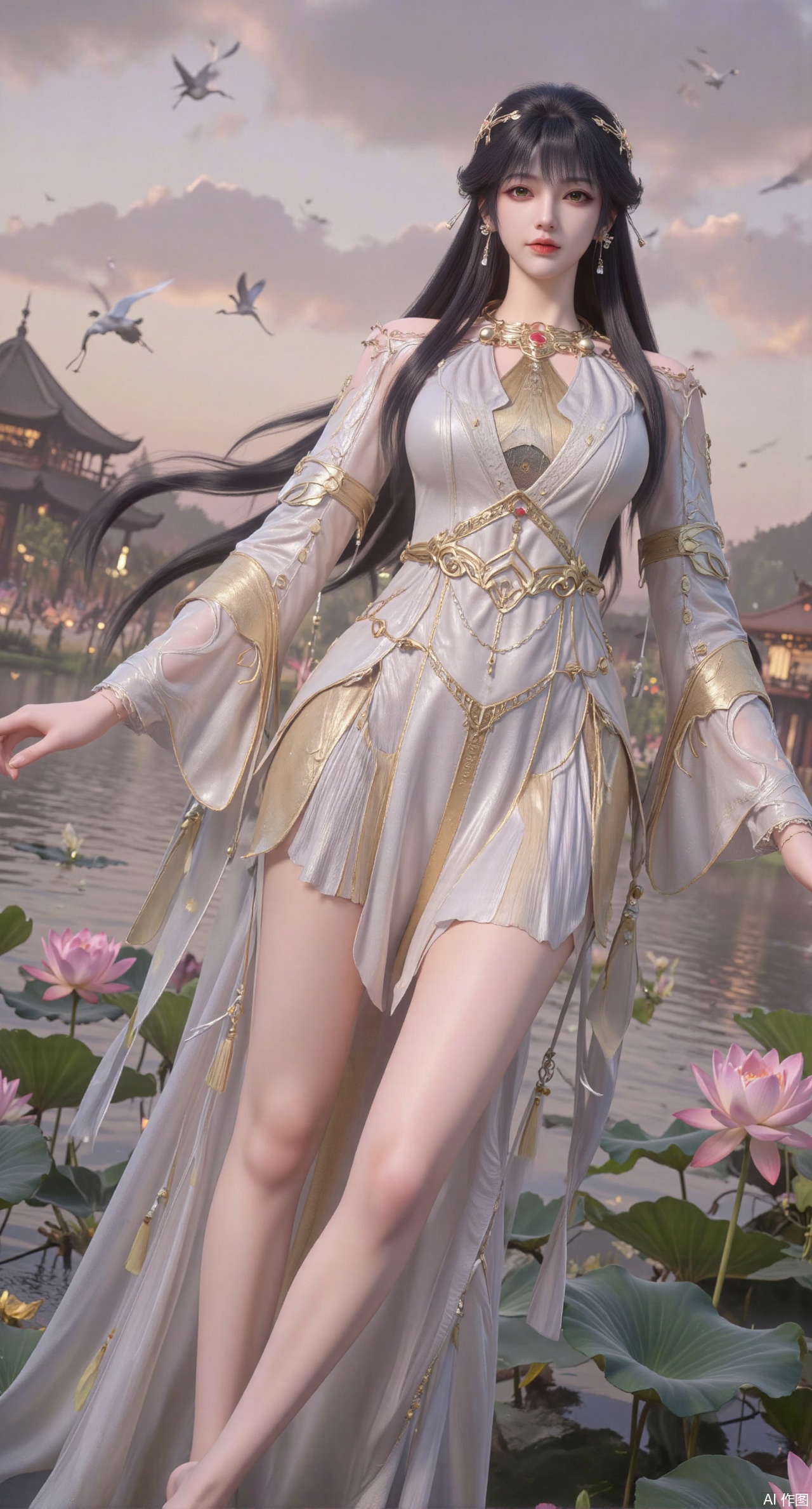 SFW,(masterpiece:1.2),best quality,1girl,solo,long hair,long dress,celestial maiden in flowing tulle gown levitates above lotus pond, ethereal mist trails from hair ribbons, mythical Penglai paradise emerges through clouds with glowing pavilions, translucent bioluminescent lotus blooms, flock of cranes gliding over water surface, ultra HD with soft 3D rendering, morning light filters through mist, falling petal rain, intricate details on scale-patterned fabric and lotus veins.(huge breasts:2.99),(full breasts:2.99),XanmiaoyiY,XhuolingerHHY,XwangqiuerKQW,Xxuenv,Xnanqiuqiu,Xhuangnv,XchuxuanerX,XchuxuanerXY,XyunyunX,XqingnvzongZM,XanmiaoyiXY,Xaichen,large natural breast,soft breasts,XbaiyuerongY