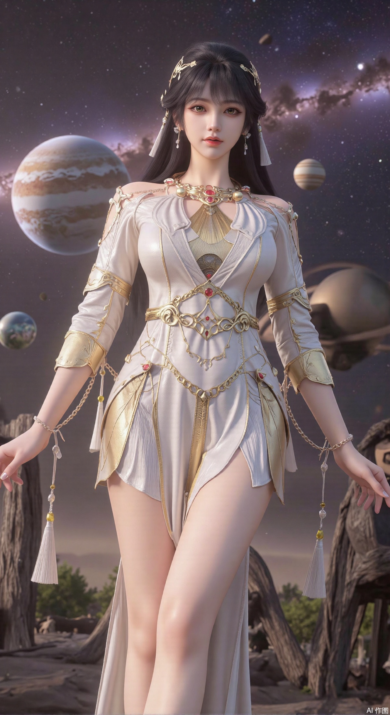 SFW,(masterpiece:1.2),best quality,absurdres,masterpiece,original,extremely detailed wallpaper,perfect lighting,1girl,solo,looking at viewer,(cowboy_shot:1.3),long hair,high heels,blurry background,depth of field,motion blur,(long dress:1.23),crystal_earrings,headpiece,hair_tie,chest_jewel,gem,necklace,jewelry,in summer,day,outdoors,nature,(Space, planetary belt, Earth, Mercury, Venus, Mars, Jupiter, Saturn, Sun in the background:1.59),(huge breasts:2.99),(full breasts:2.99),,large natural breast,soft breasts,XqingnvzongZM,XanmiaoyiXY,Xaichen,XbaiyuerongY