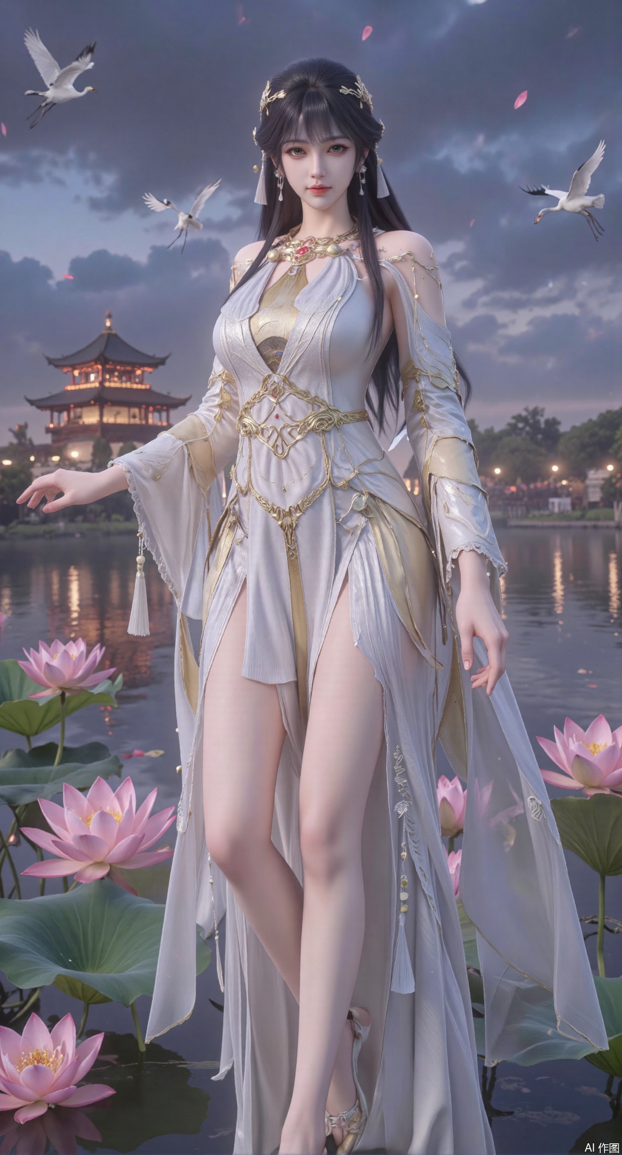 SFW,(masterpiece:1.2),best quality,1girl,solo,long hair,long dress,celestial maiden in flowing tulle gown levitates above lotus pond, ethereal mist trails from hair ribbons, mythical Penglai paradise emerges through clouds with glowing pavilions, translucent bioluminescent lotus blooms, flock of cranes gliding over water surface, ultra HD with soft 3D rendering, morning light filters through mist, falling petal rain, intricate details on scale-patterned fabric and lotus veins.(huge breasts:2.99),(full breasts:2.99),XanmiaoyiY,XhuolingerHHY,XwangqiuerKQW,Xxuenv,Xnanqiuqiu,Xhuangnv,XchuxuanerX,XchuxuanerXY,XyunyunX,XqingnvzongZM,XanmiaoyiXY,Xaichen,large natural breast,soft breasts,XbaiyuerongY