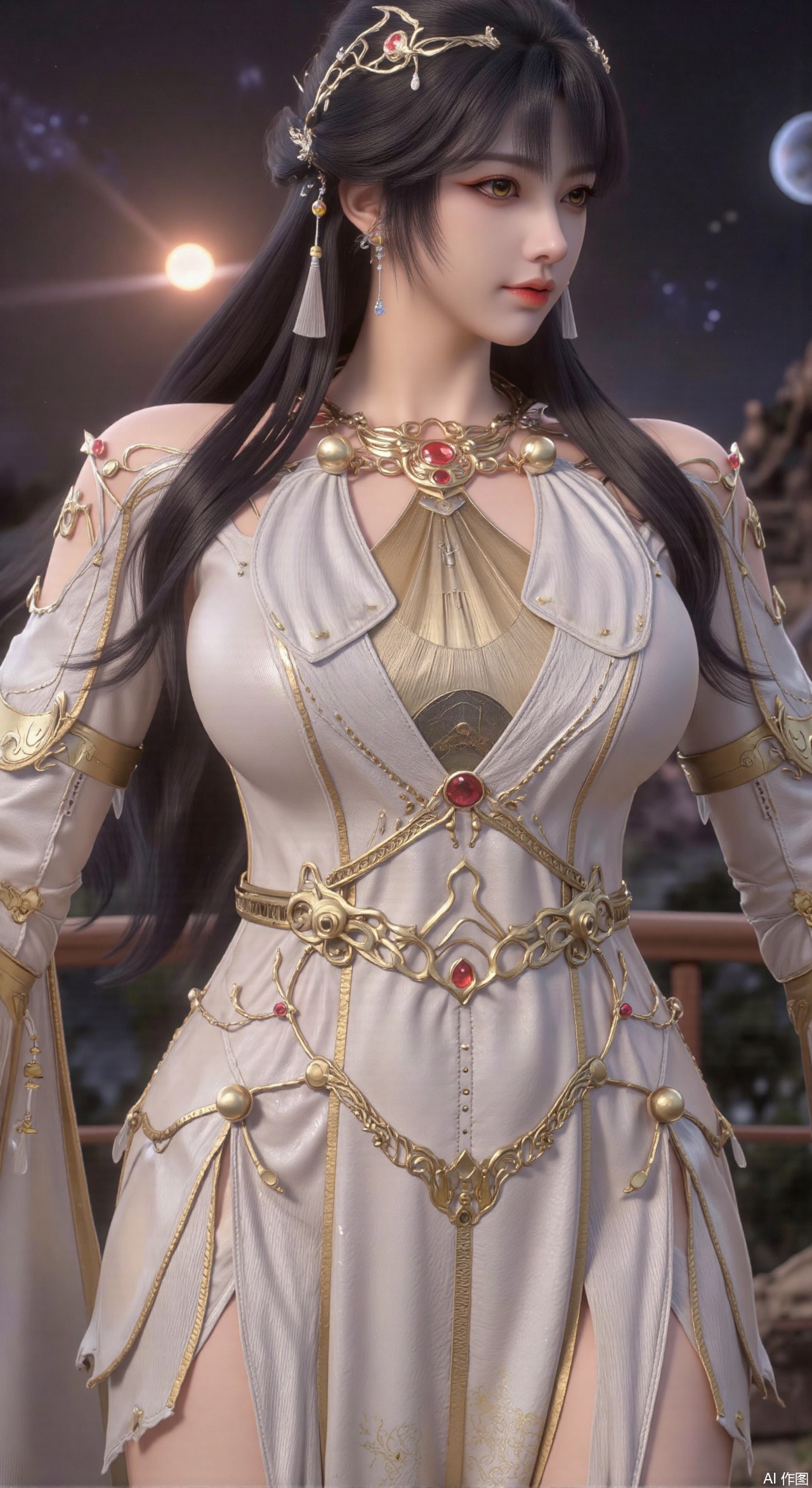 SFW,(masterpiece:1.2),best quality,absurdres,masterpiece,original,extremely detailed wallpaper,perfect lighting,1girl,solo,looking at viewer,(cowboy_shot:1.3),long hair,high heels,blurry background,depth of field,motion blur,(long dress:1.23),crystal_earrings,headpiece,hair_tie,chest_jewel,gem,necklace,jewelry,in summer,day,outdoors,nature,(Space, planetary belt, Earth, Mercury, Venus, Mars, Jupiter, Saturn, Sun in the background:1.59),(huge breasts:2.99),(full breasts:2.99),,large natural breast,soft breasts,XqingnvzongZM,XanmiaoyiXY,Xaichen,XbaiyuerongY