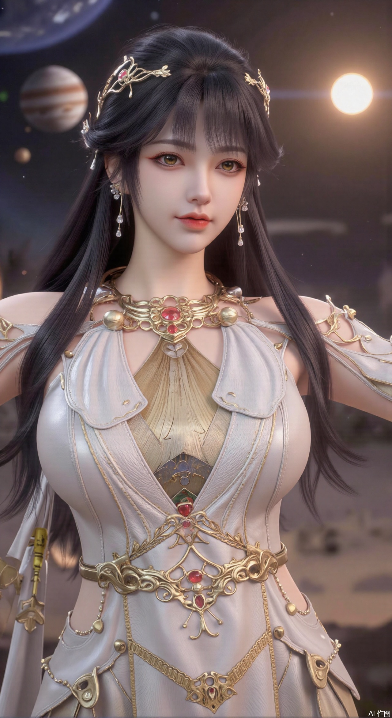SFW,(masterpiece:1.2),best quality,absurdres,masterpiece,original,extremely detailed wallpaper,perfect lighting,1girl,solo,looking at viewer,(cowboy_shot:1.3),long hair,high heels,blurry background,depth of field,motion blur,(long dress:1.23),crystal_earrings,headpiece,hair_tie,chest_jewel,gem,necklace,jewelry,in summer,day,outdoors,nature,(Space, planetary belt, Earth, Mercury, Venus, Mars, Jupiter, Saturn, Sun in the background:1.59),(huge breasts:2.99),(full breasts:2.99),,large natural breast,soft breasts,XqingnvzongZM,XanmiaoyiXY,Xaichen,XbaiyuerongY