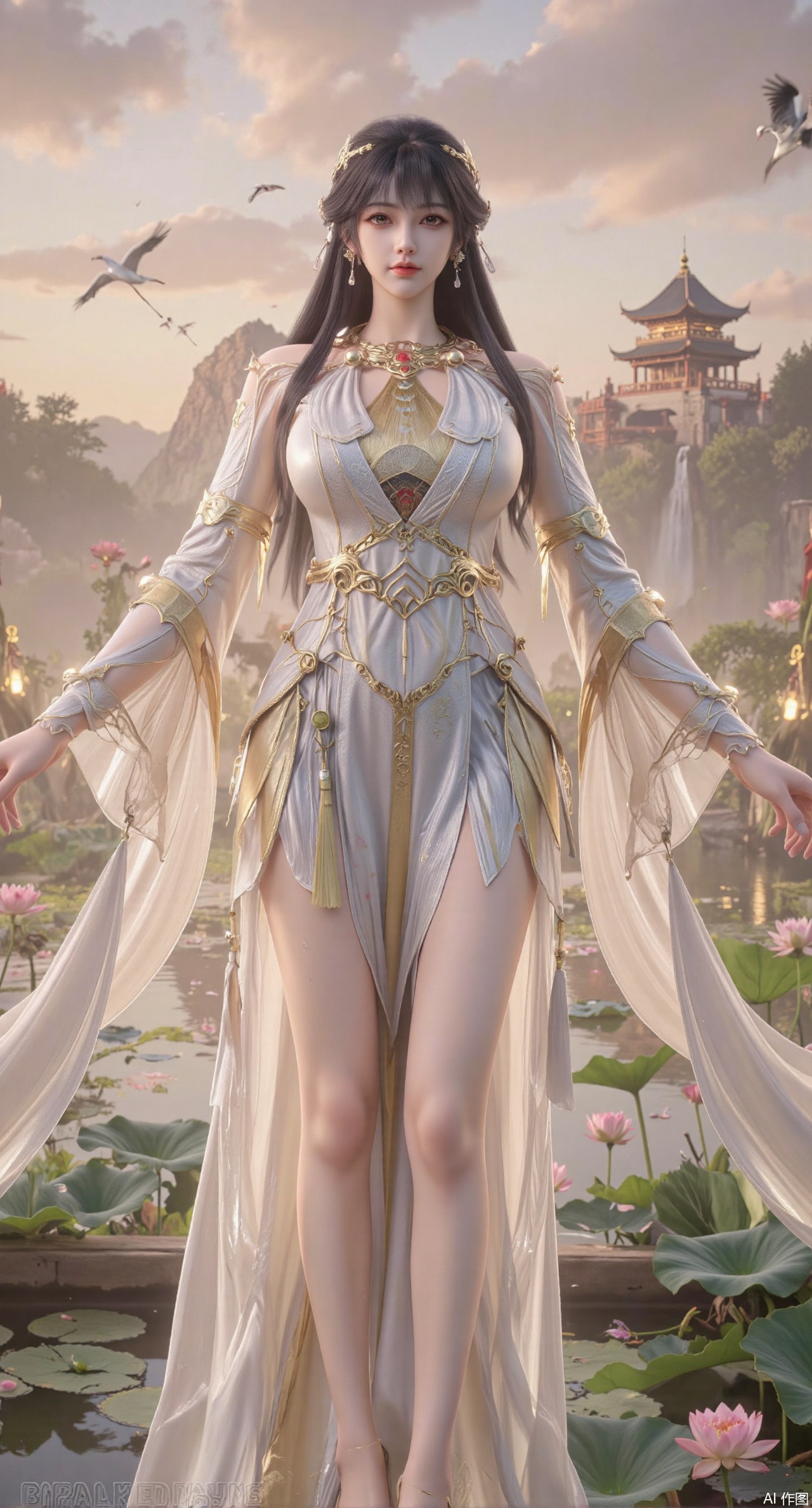 SFW,(masterpiece:1.2),best quality,1girl,solo,long hair,long dress,celestial maiden in flowing tulle gown levitates above lotus pond, ethereal mist trails from hair ribbons, mythical Penglai paradise emerges through clouds with glowing pavilions, translucent bioluminescent lotus blooms, flock of cranes gliding over water surface, ultra HD with soft 3D rendering, morning light filters through mist, falling petal rain, intricate details on scale-patterned fabric and lotus veins.(huge breasts:2.99),(full breasts:2.99),XanmiaoyiY,XhuolingerHHY,XwangqiuerKQW,Xxuenv,Xnanqiuqiu,Xhuangnv,XchuxuanerX,XchuxuanerXY,XyunyunX,XqingnvzongZM,XanmiaoyiXY,Xaichen,large natural breast,soft breasts,XbaiyuerongY