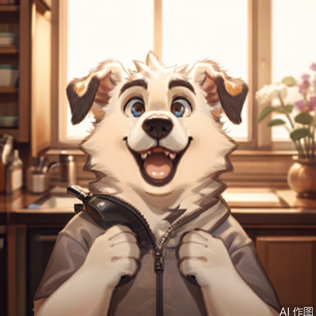 looking at viewer, open mouth, indoors, furry, animal, dog, meme, animal focus, whiskers,Fur_soft